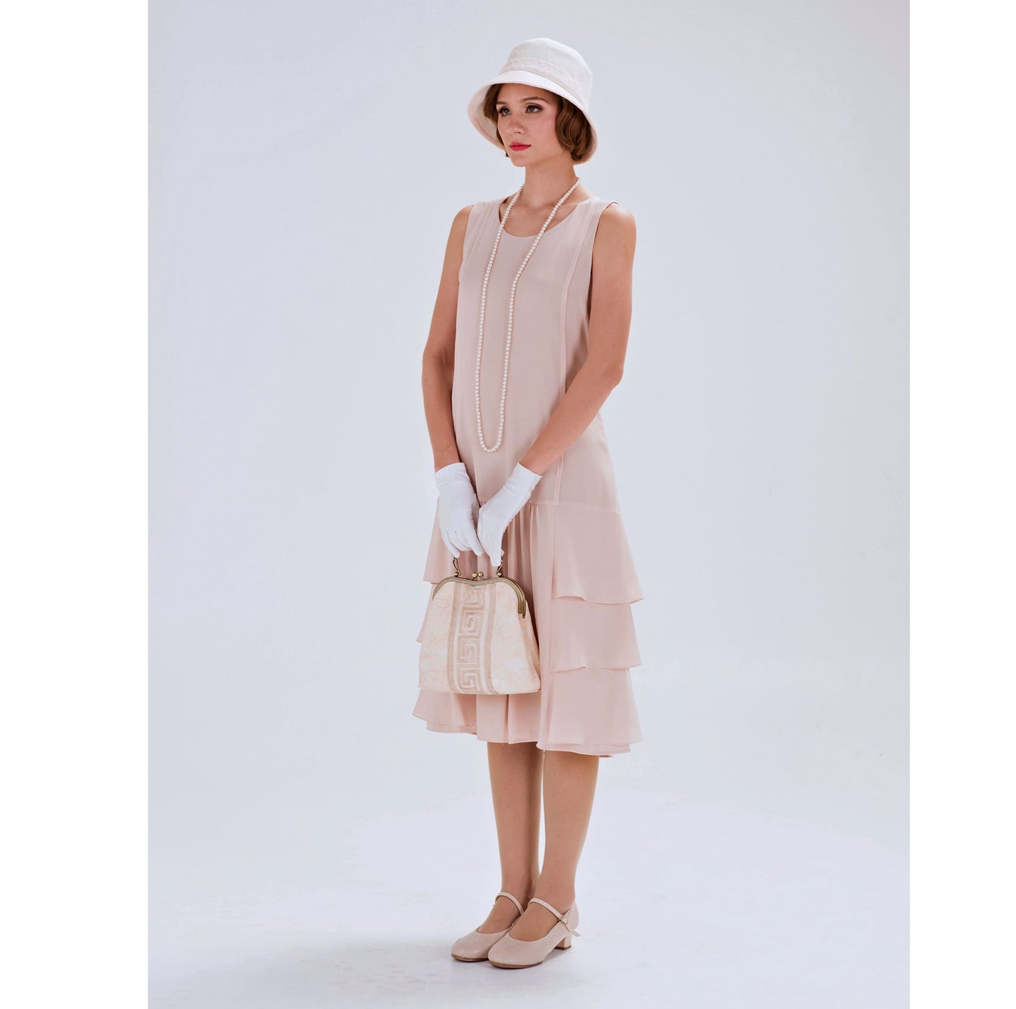 Nude 1920s chiffon flapper dress with tiered skirt