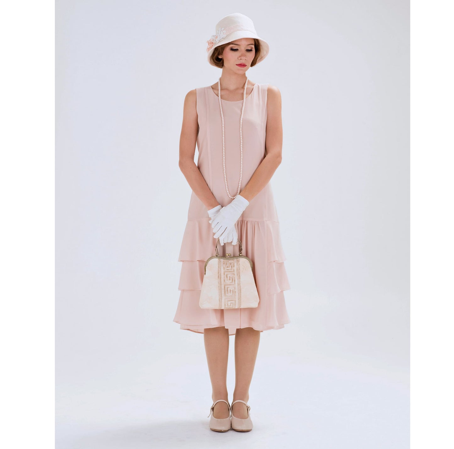 Nude 1920s chiffon flapper dress with tiered skirt