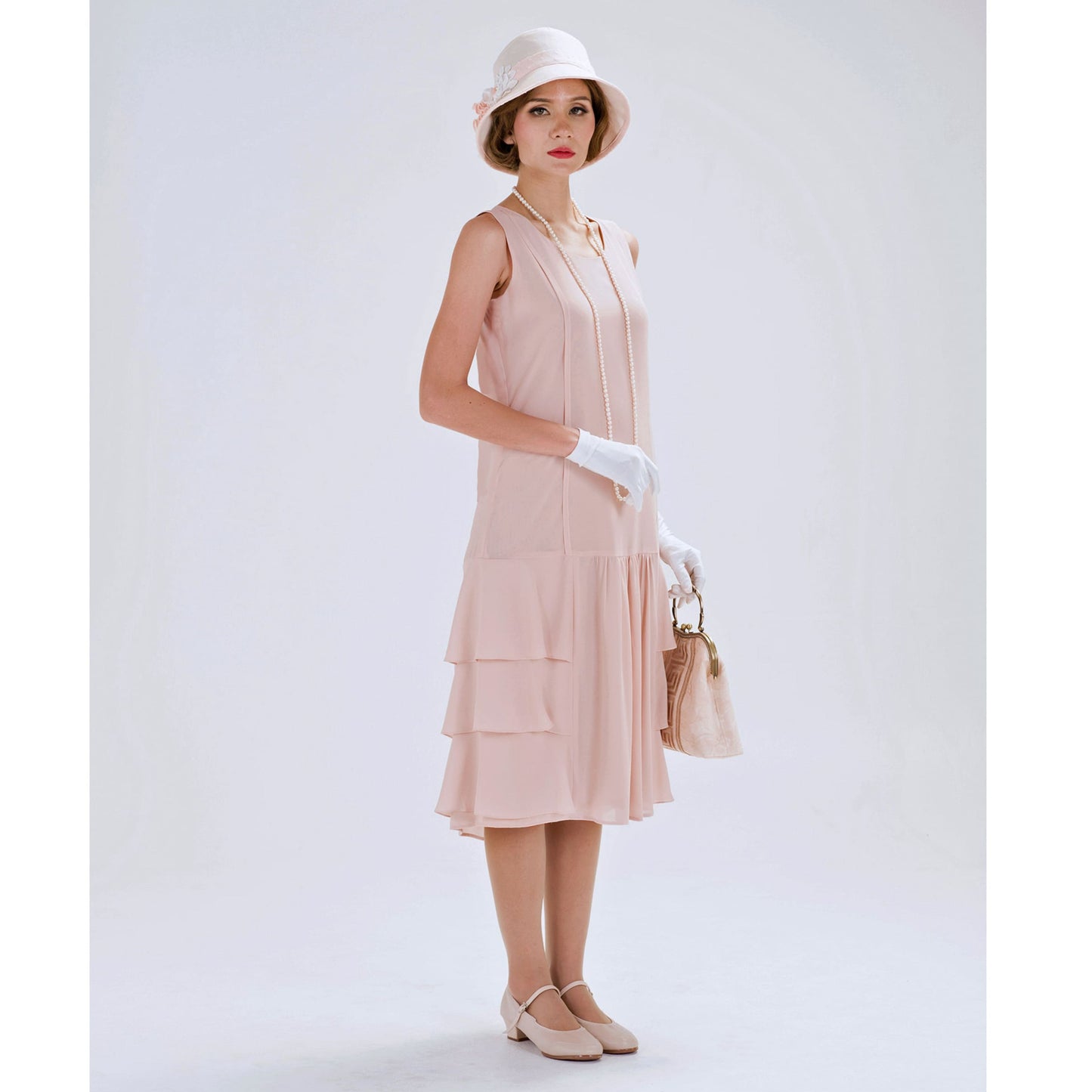 Nude 1920s chiffon flapper dress with tiered skirt - a vintage-inspired Roaring Twenties dress