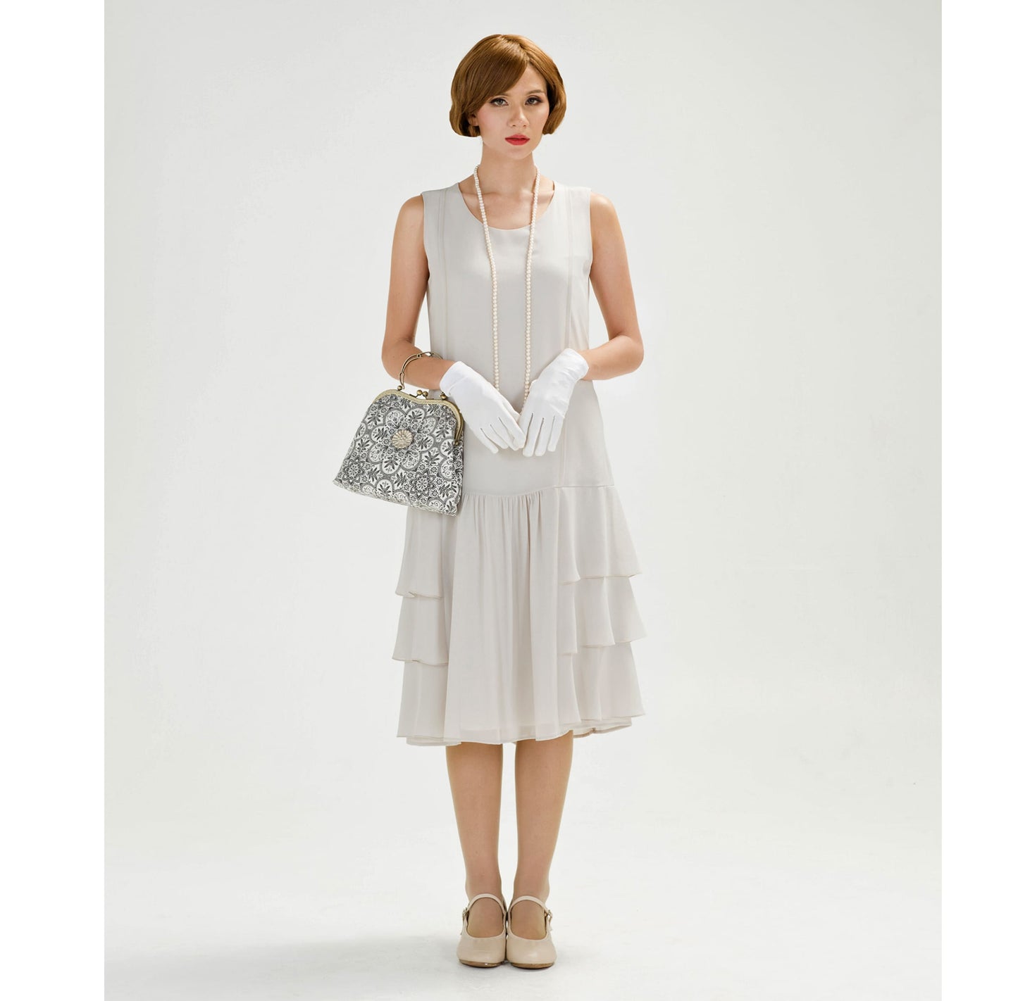 1920s Great Gatsby dress in bleached linen color with tiered skirt