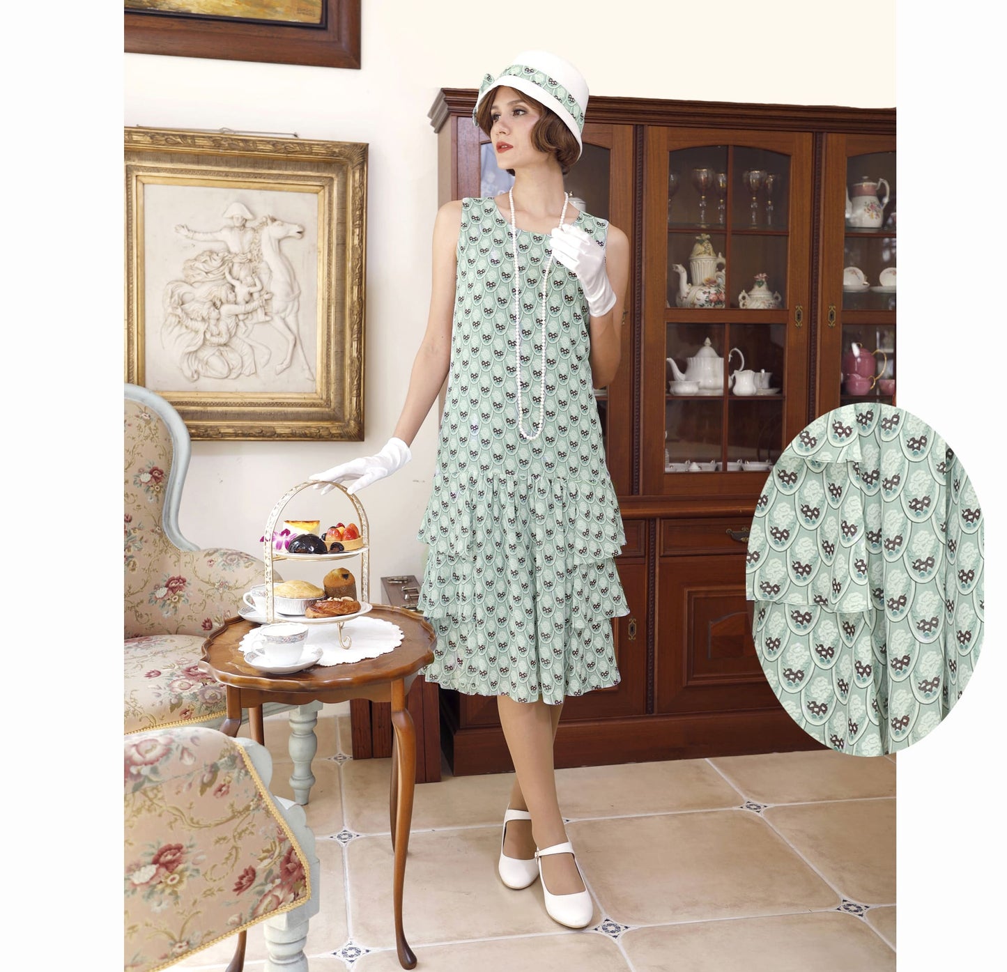 1920s summer dress made of green printed chiffon with tiered skirt - a roaring twenties style dress