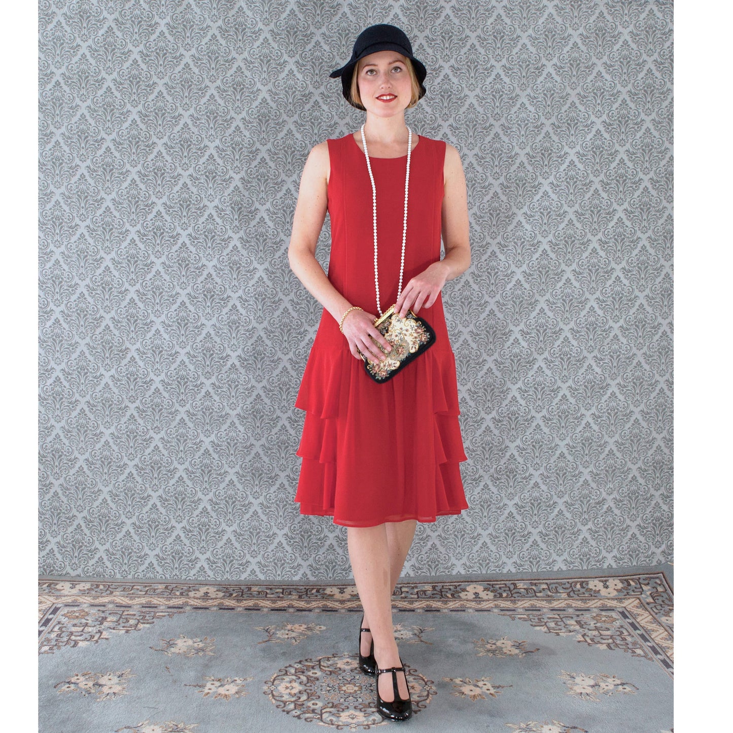 Red chiffon Great Gatsby dress with tiered skirt, a vintage-inspired Roaring Twenties dress