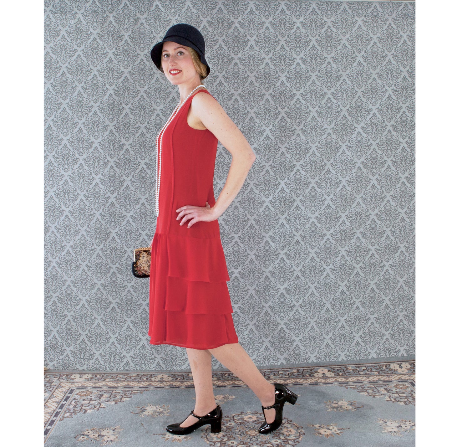Red chiffon dress with a tiered skirt. Can be worn as a Great Gatsby dress, roaring 20s flapper dress, a retro dress or Charleston dress.