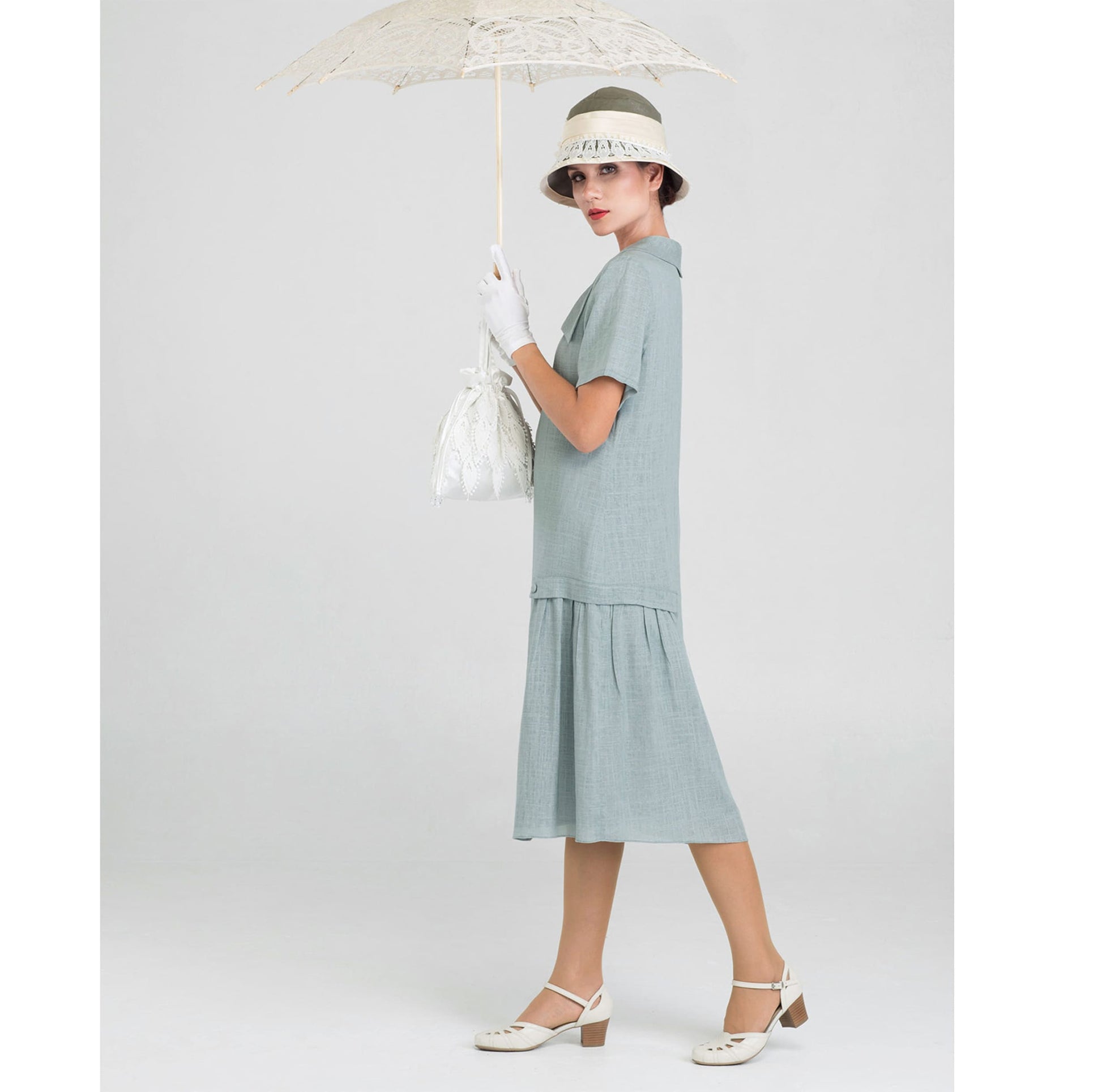 Grey linen 1920s day dress, or Jazz Age Lawn Party dress. This 1920s tea dress with puritan collar can be worn as a Gatsby dress or Downton Abbey dress.