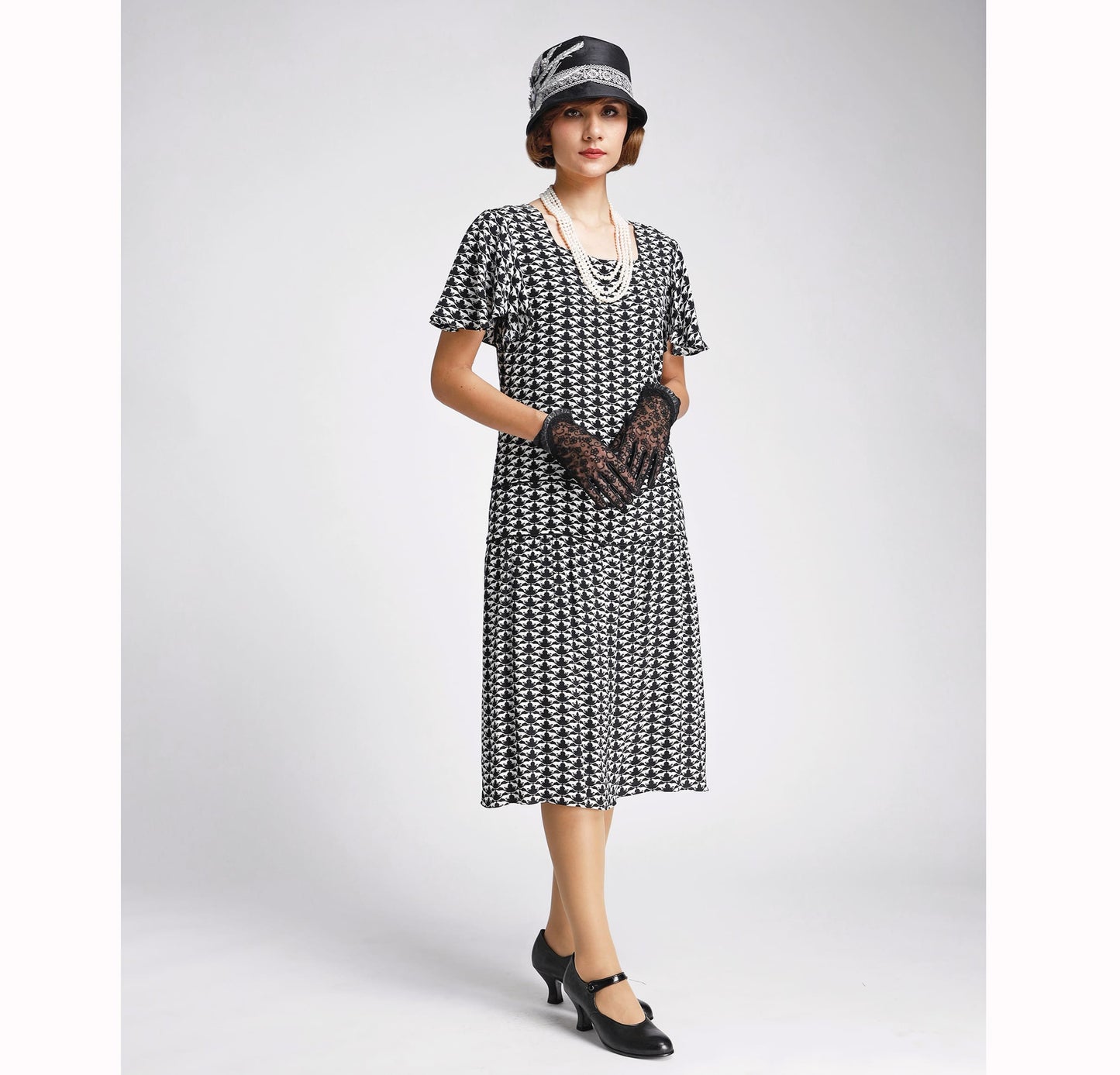 Black and white 1920s Great Gatsby chiffon dress with flutter sleeves