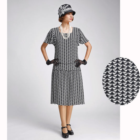 Black and white 1920s Great Gatsby viscose dress with flutter sleeves - a vintage-inspired Roaring Twenties dress