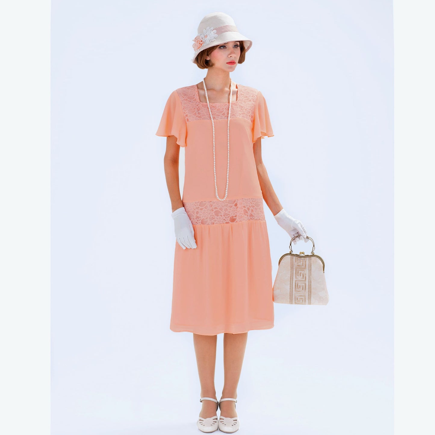 Peach Downton Abbey chiffon dress with flutter sleeves - a vintage-inspired Roaring Twenties dress