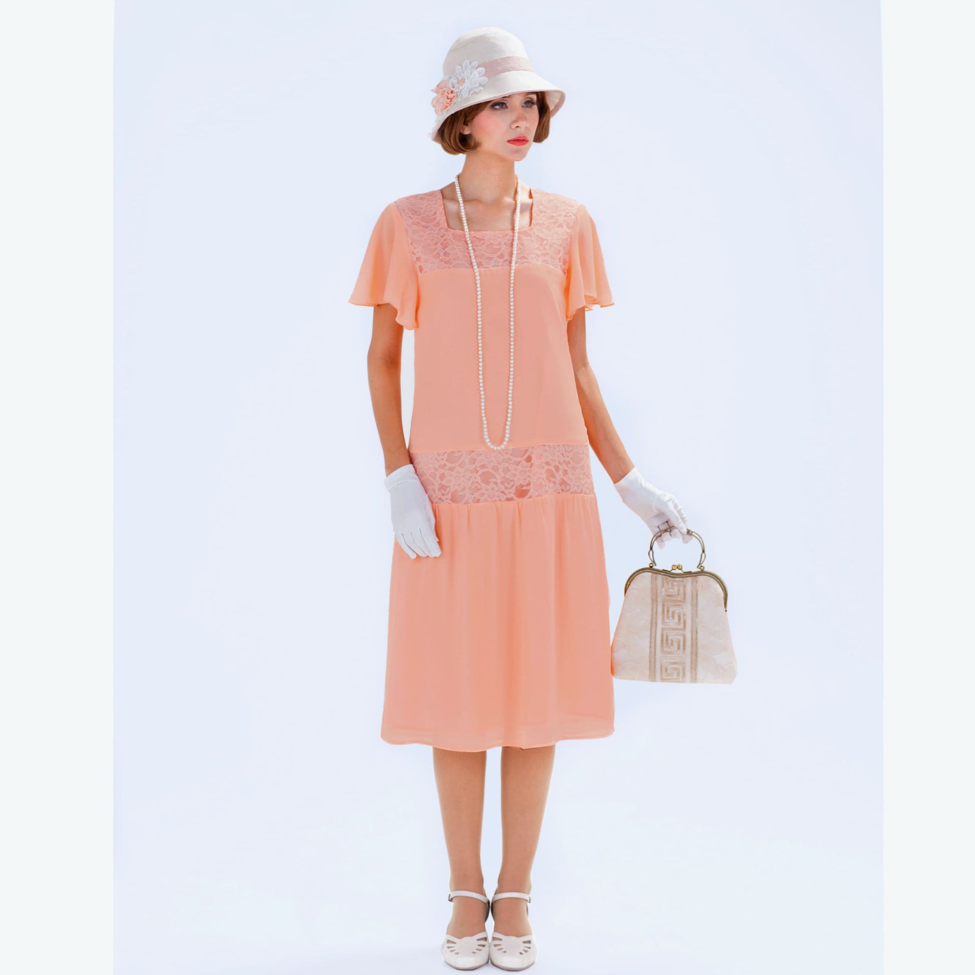 Peach Downton Abbey chiffon dress with flutter sleeves - a vintage-inspired Roaring Twenties dress