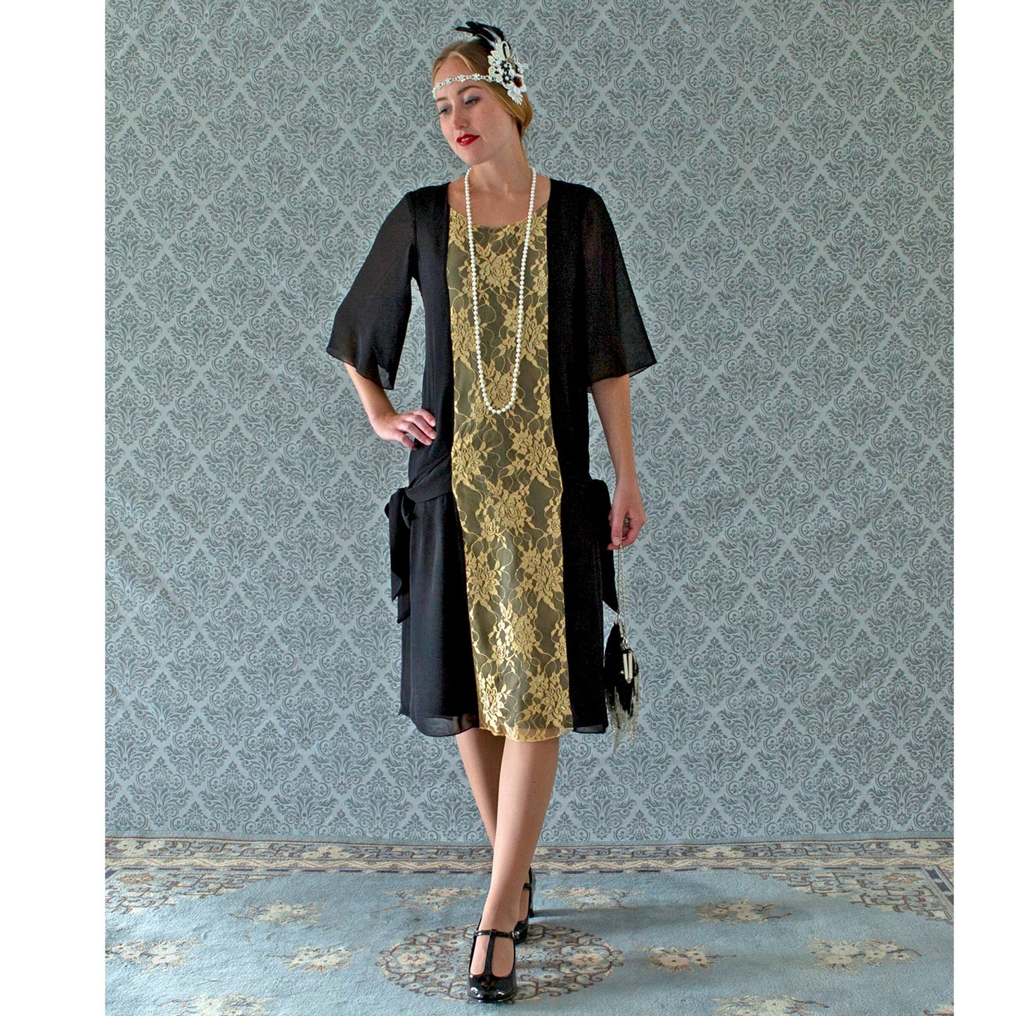 Black chiffon and gold lace Great Gatsby party dress - a vintage-inspired Roaring Twenties dress