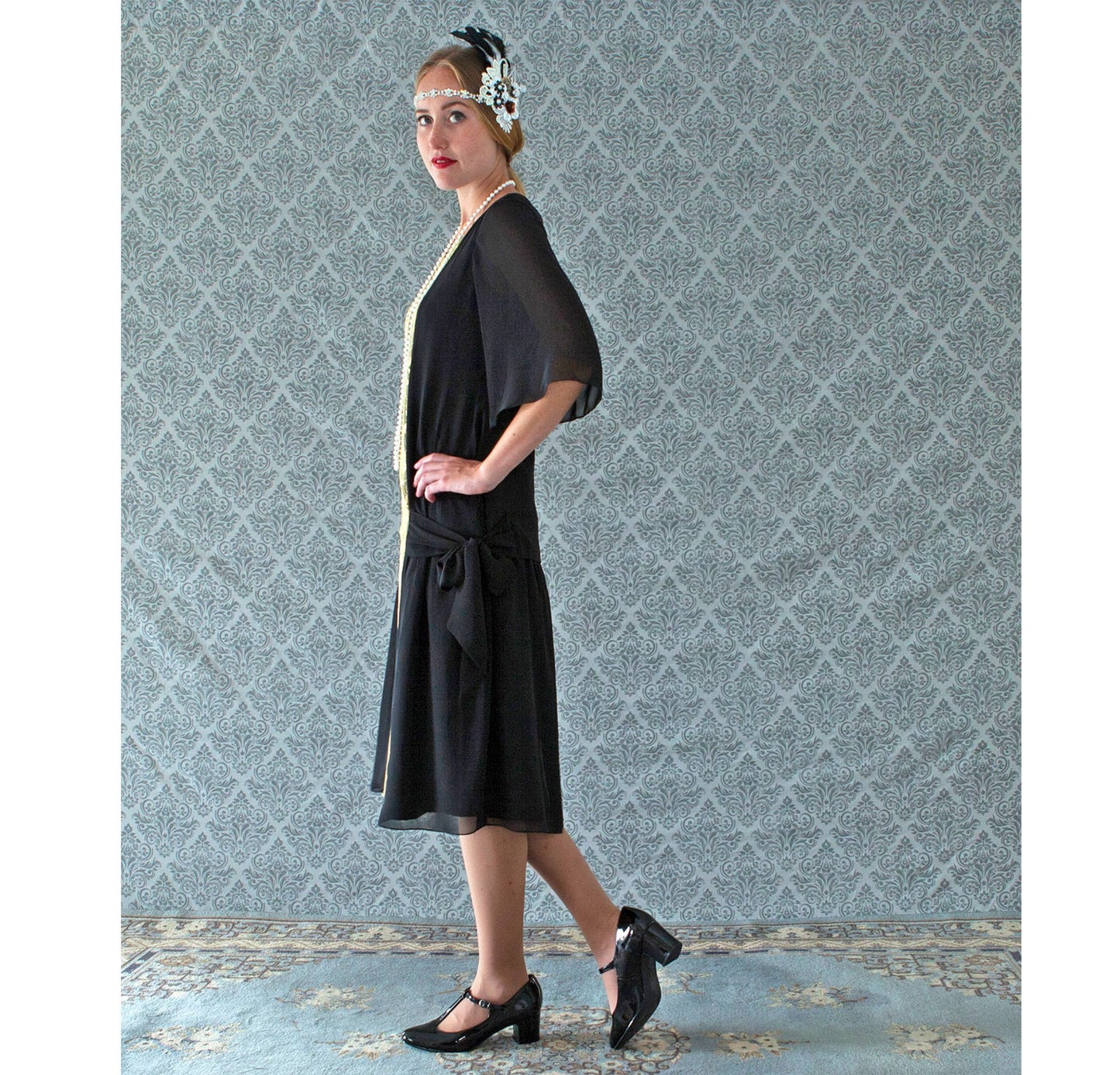 1920s dress, or Great Gatsby dress, flapper dress or Charleston dress, made with a combination of black chiffon and gold lace