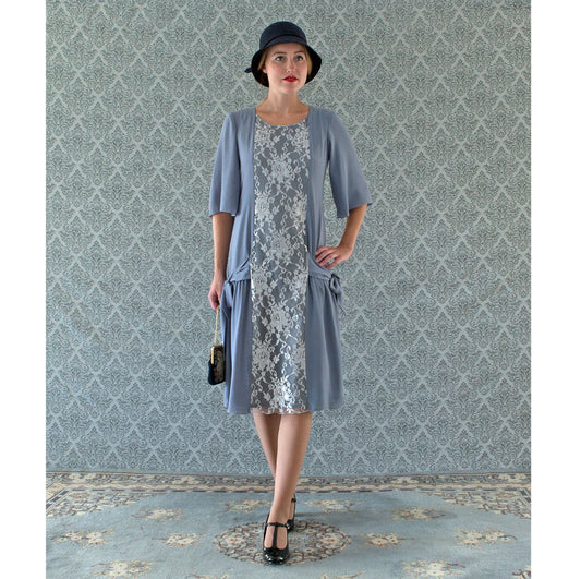 Grey and silver lace Great Gatsby dress with elbow sleeves - a vintage-inspired Roaring Twenties dress