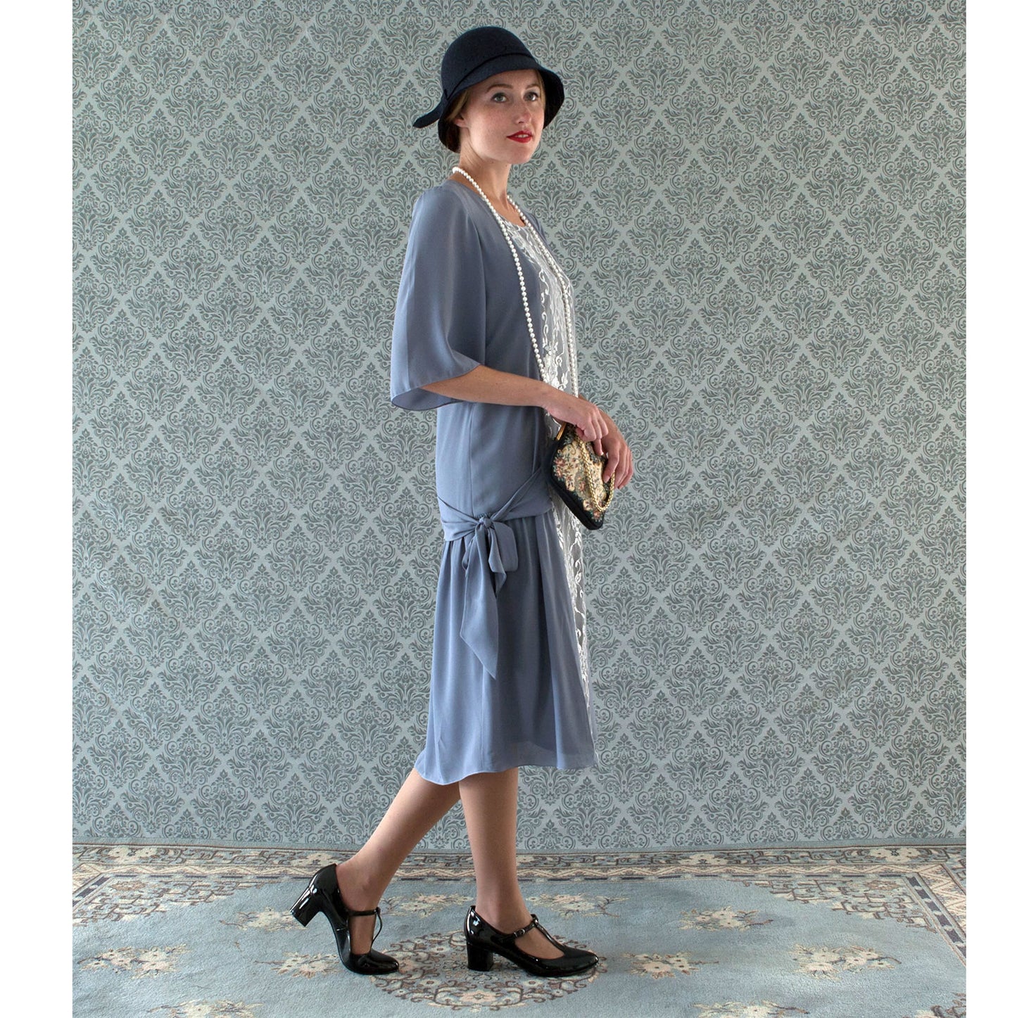 Grey and silver lace Great Gatsby dress with elbow sleeves