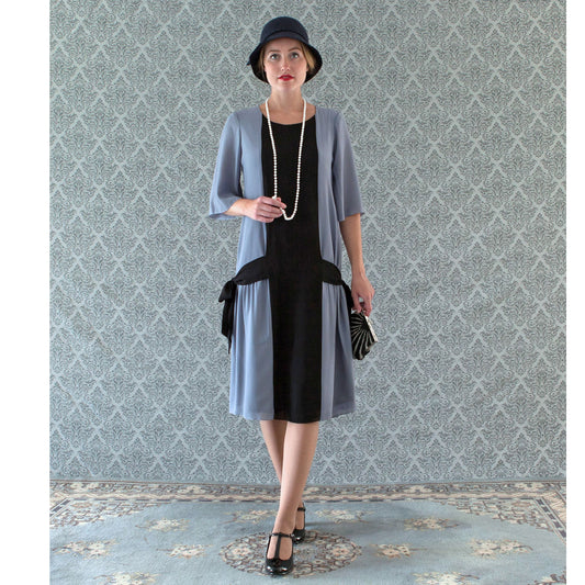 Fun grey and black flapper dress with side bows - a vintage-inspired Roaring Twenties dress