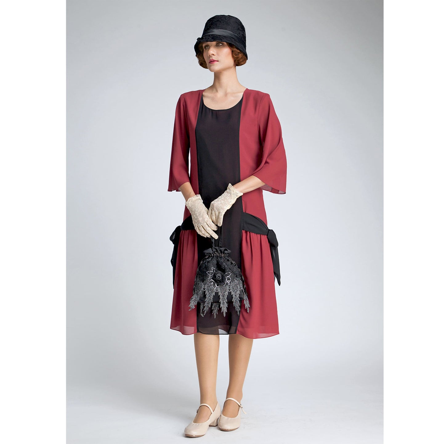 Great Gatsby dress in maroon red and black chiffon
