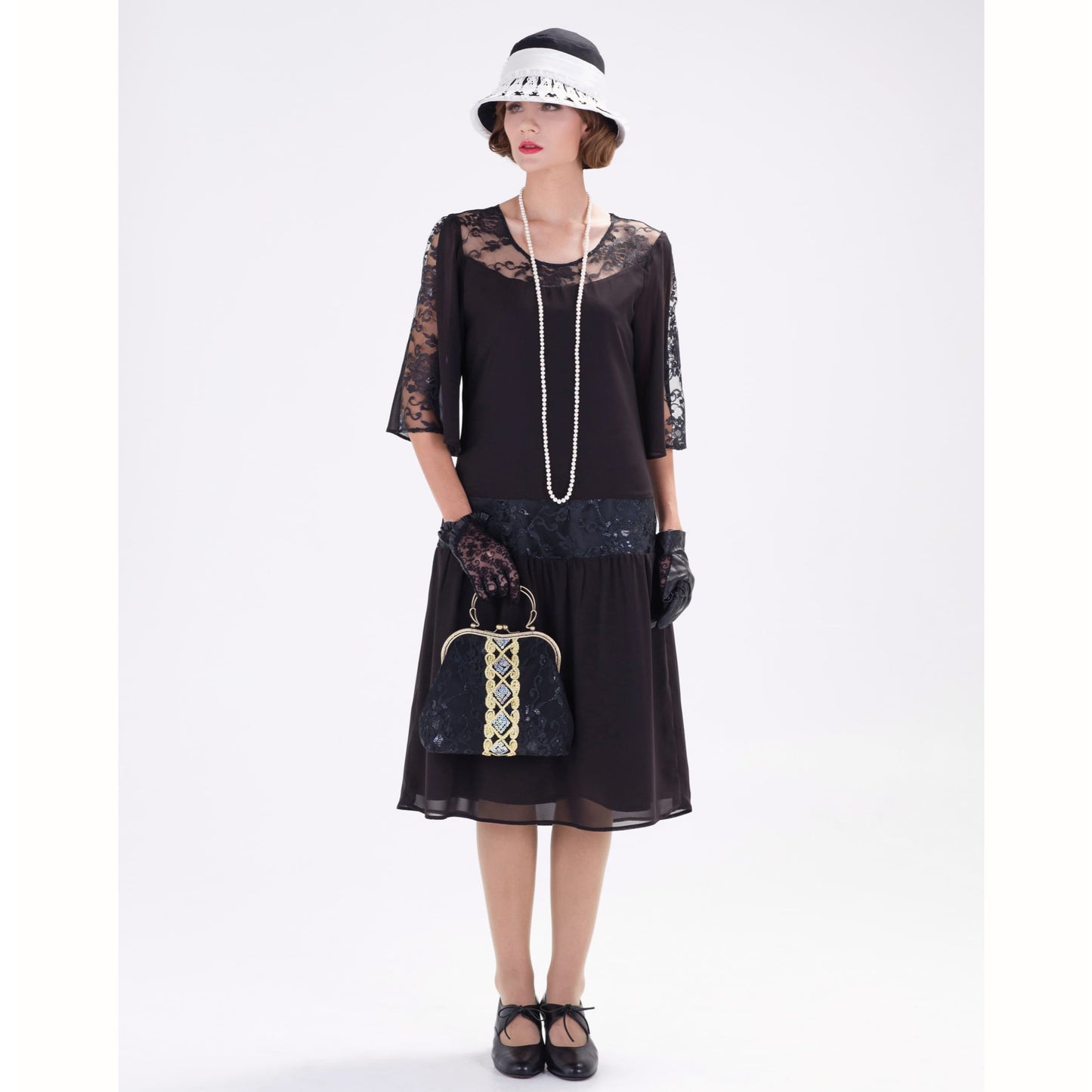 Black 1920s chiffon dress with lace detail on the yoke - a vintage-inspired Roaring Twenties dress
