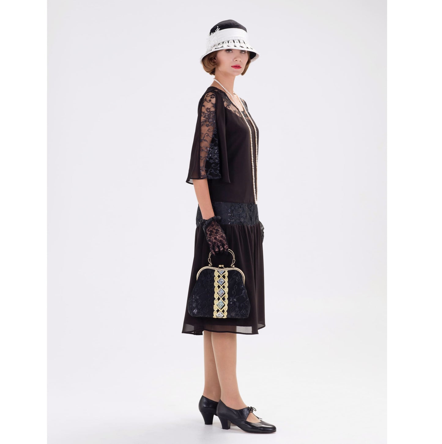Black chiffon roaring 20s dress with black lace, which shimmers slightly under the light. Can be worn as Great Gatsby dress or Downton Abbey dress