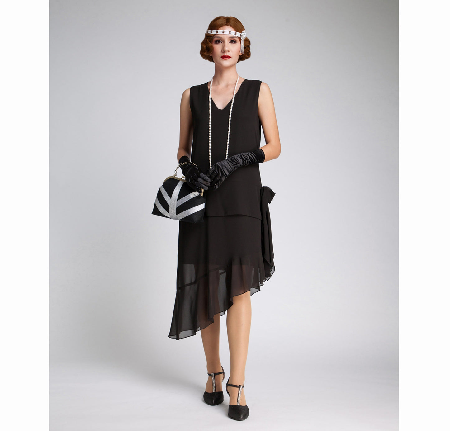 1920s evening dress in black chiffon and asymmetrical skirt - a vintage-inspired Roaring Twenties dress
