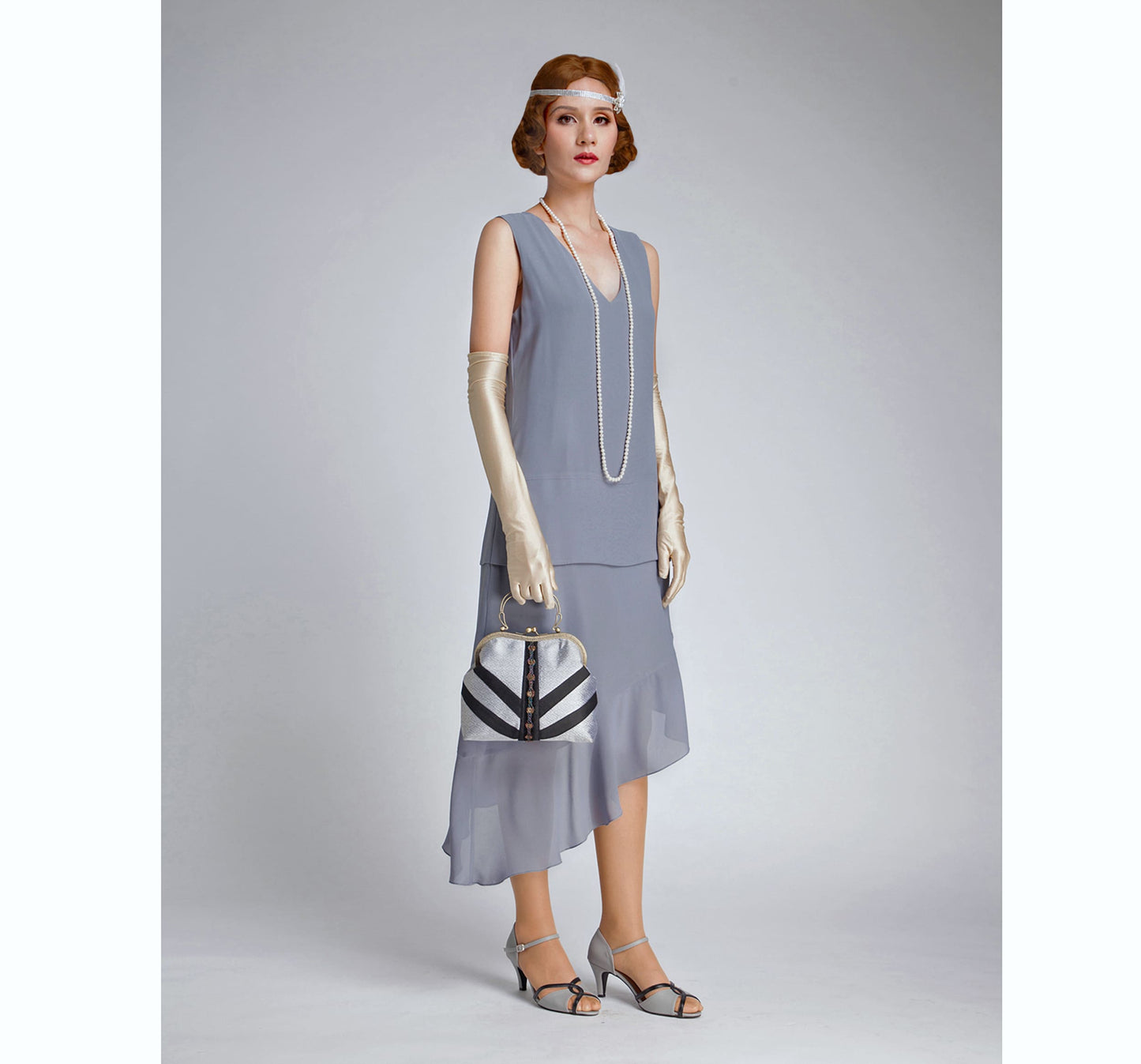 Grey Great Gatsby dress with asymmetrical skirt