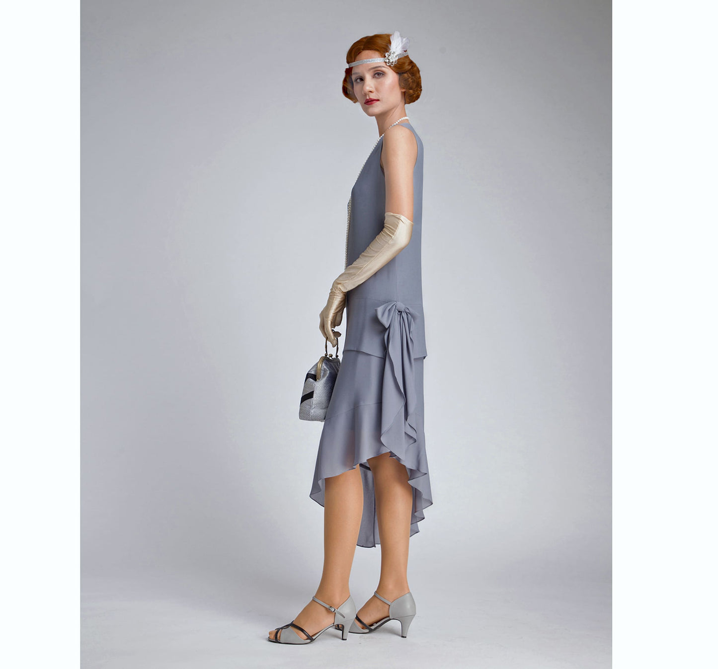 Grey Great Gatsby dress with asymmetrical skirt