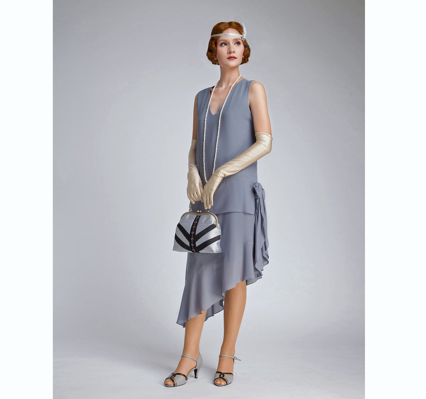 Grey Great Gatsby dress with asymmetrical skirt