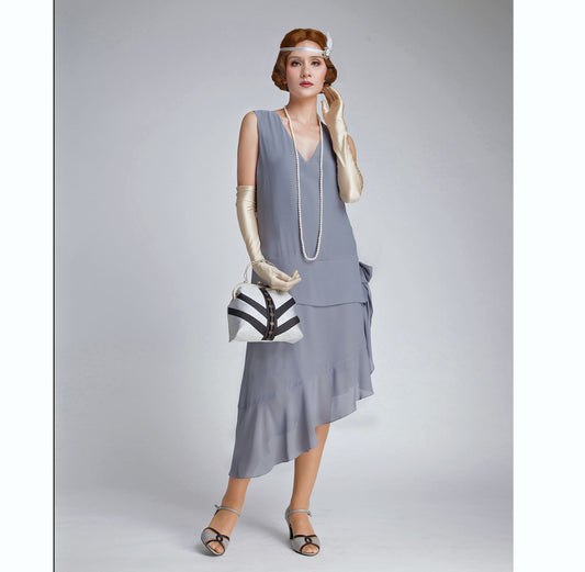 Grey Great Gatsby dress with asymmetrical skirt - a vintage-inspired Roaring Twenties dress