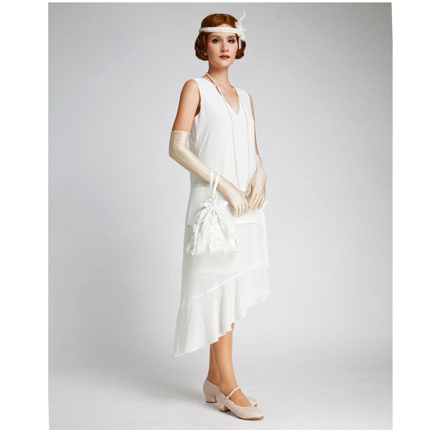 Off-white Great Gatsby dress with an asymmetrical skirt hem - a vintage-inspired Roaring Twenties dress