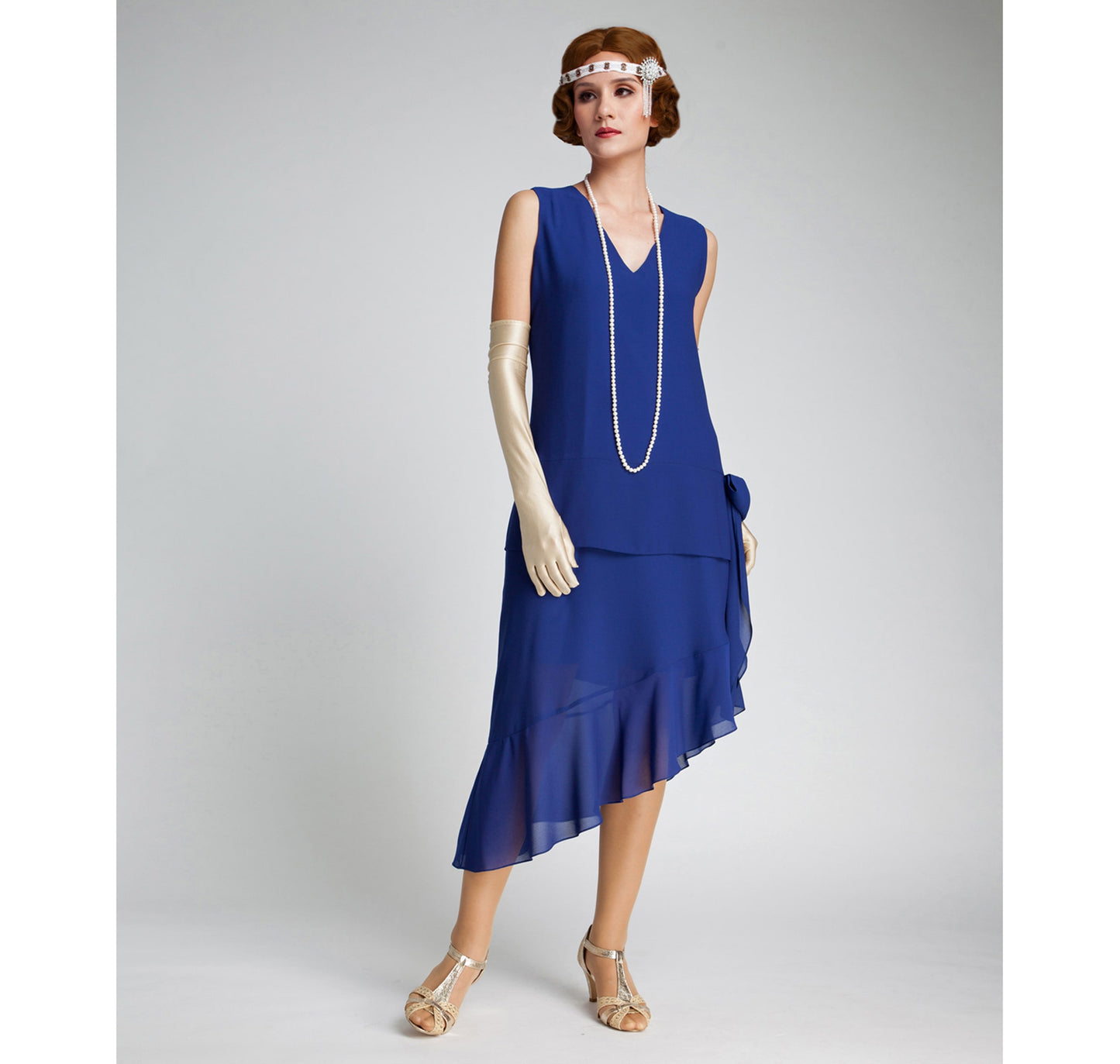 Gatsby dress with asymmetrical skirt in dark blue - a vintage-inspired Roaring Twenties dress