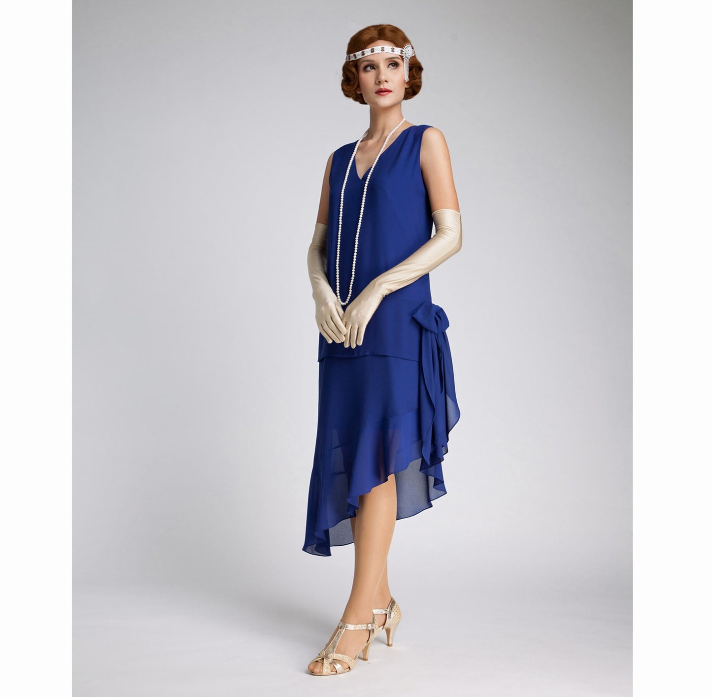 Gatsby dress with asymmetrical skirt in dark blue