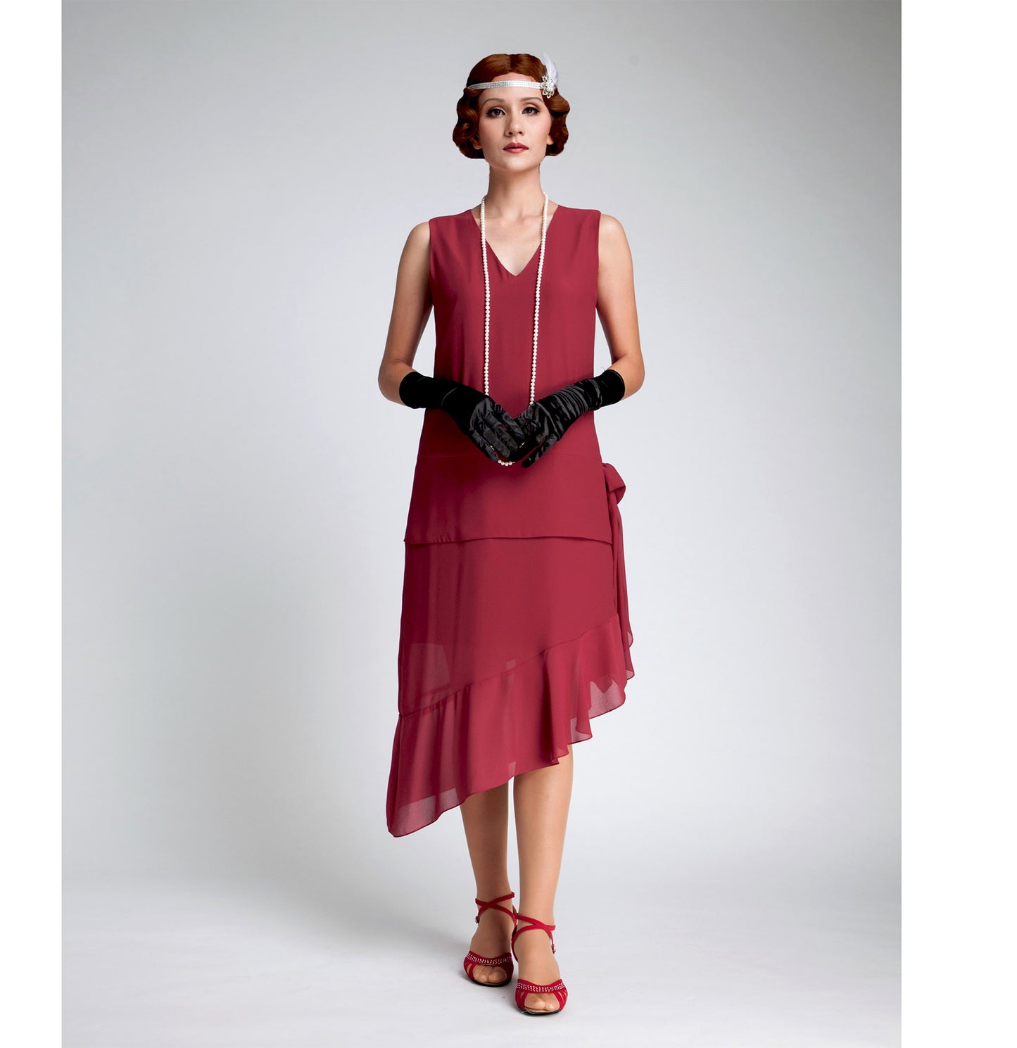 Maroon red 1920s flapper dress with asymmetrical skirt