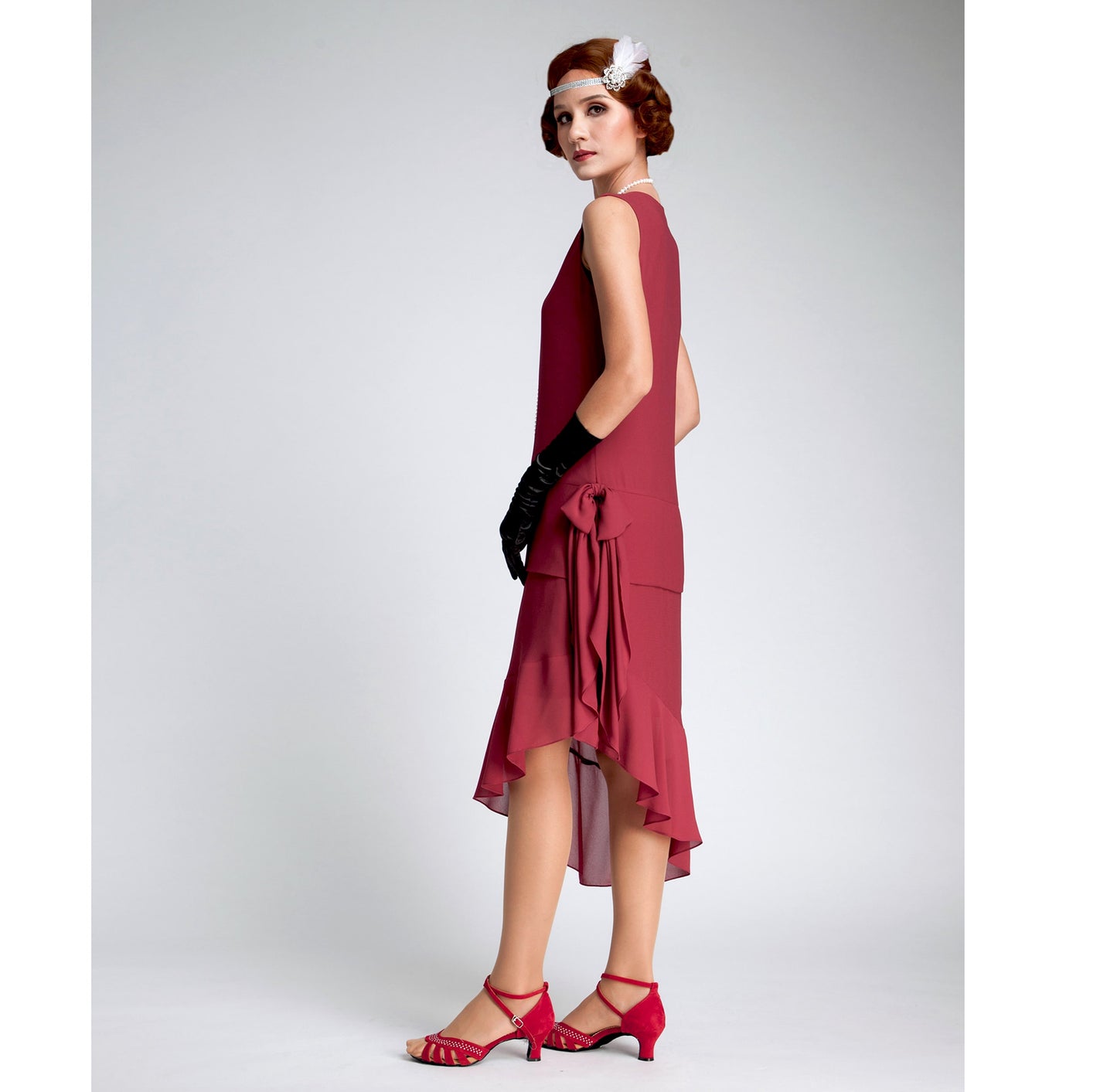Maroon red 1920s flapper dress with asymmetrical skirt