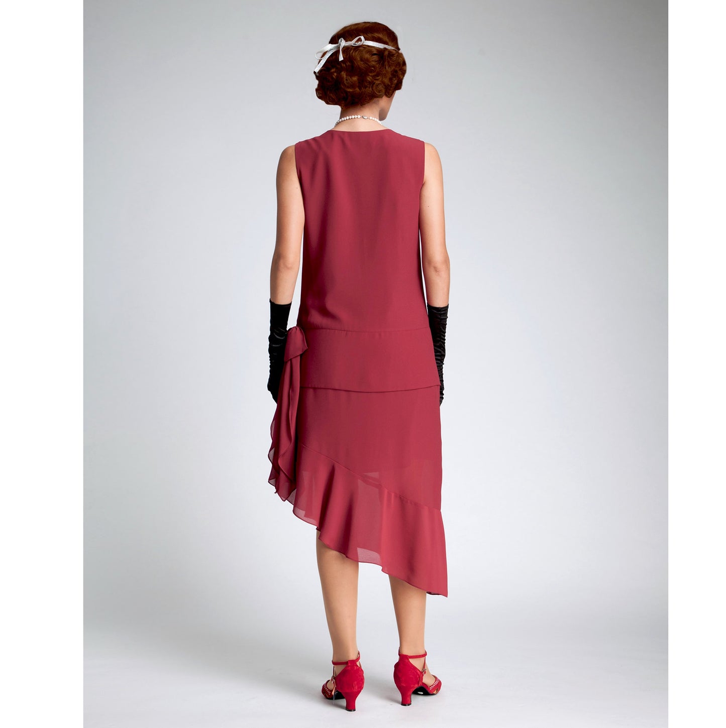 Maroon red 1920s flapper dress with asymmetrical skirt