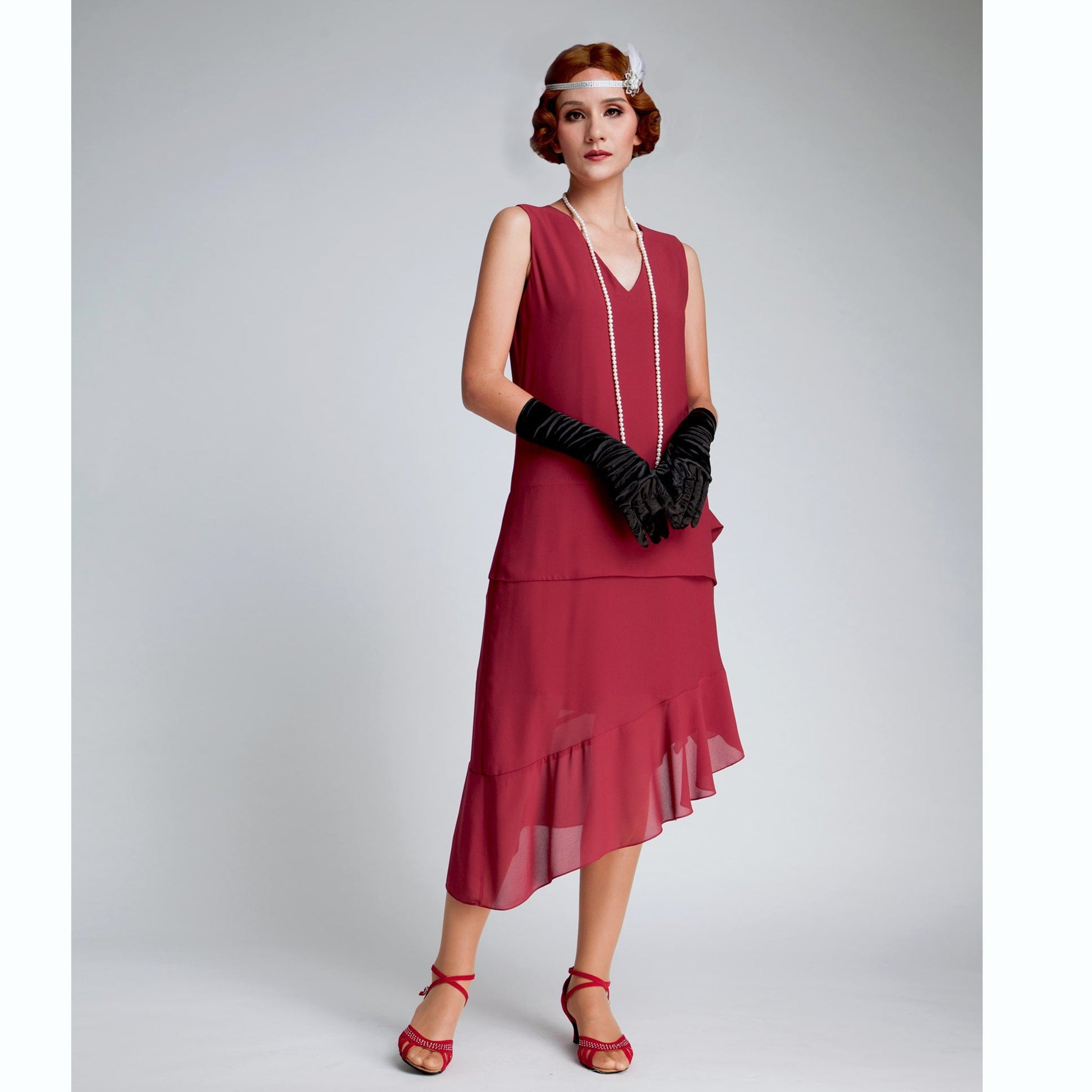 Maroon red 1920s flapper dress with asymmetrical skirt