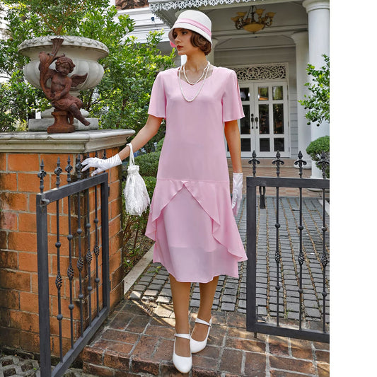 1920s day dress in pink with sweetheart neckline - a vintage-inspired Roaring Twenties dress