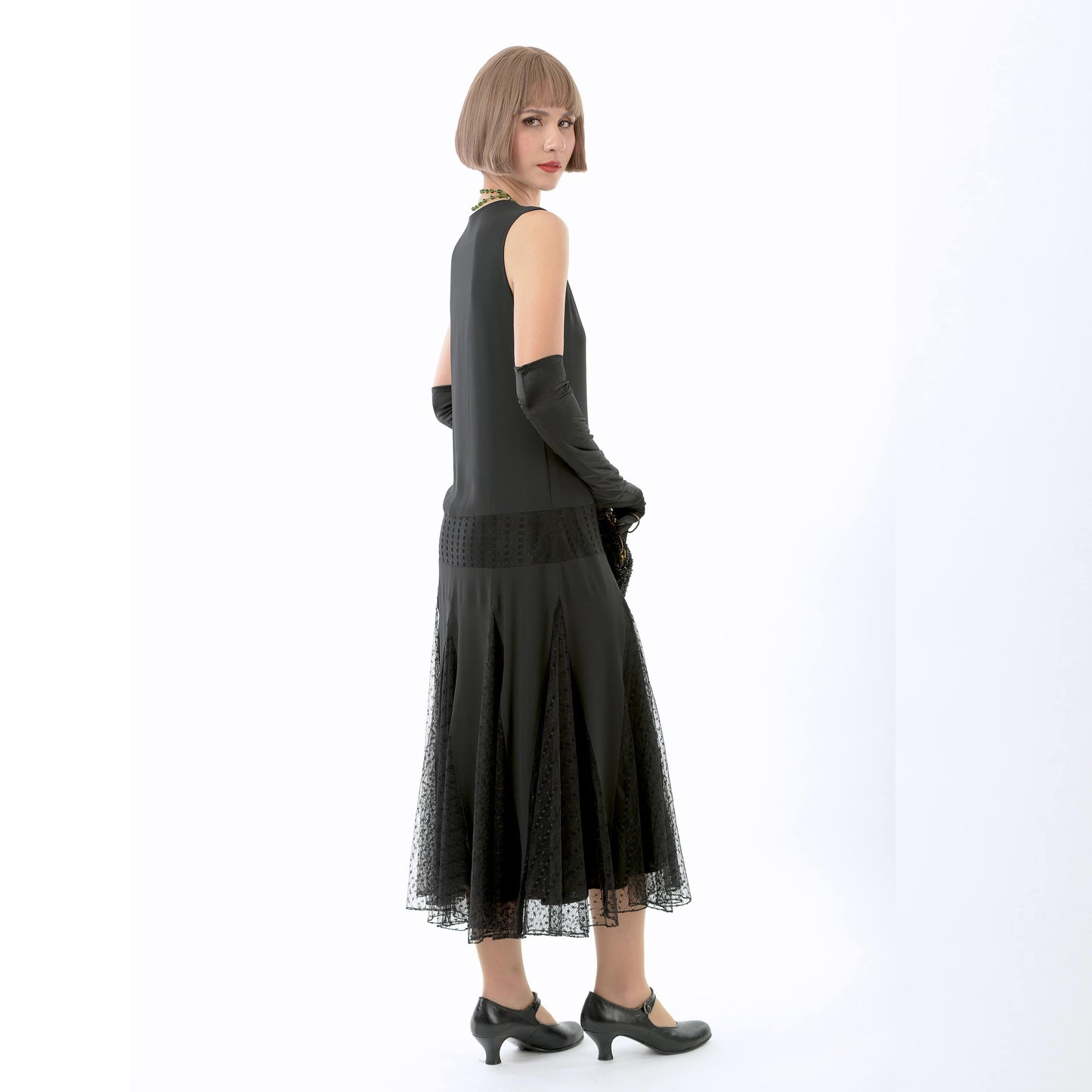 1920s evening dress in black chiffon with black tulle lace godets
