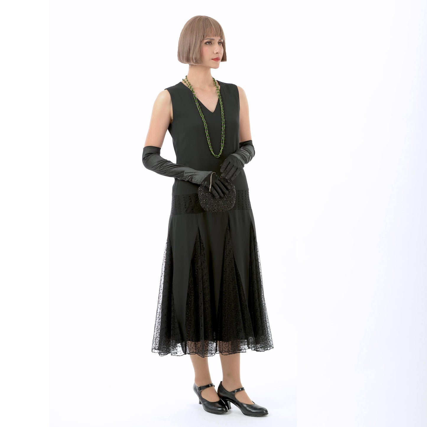 Black 1920s formal dress with tulle lace zig zag details, which can be worn as a Great Gatsby evening dress or a black flapper dress.