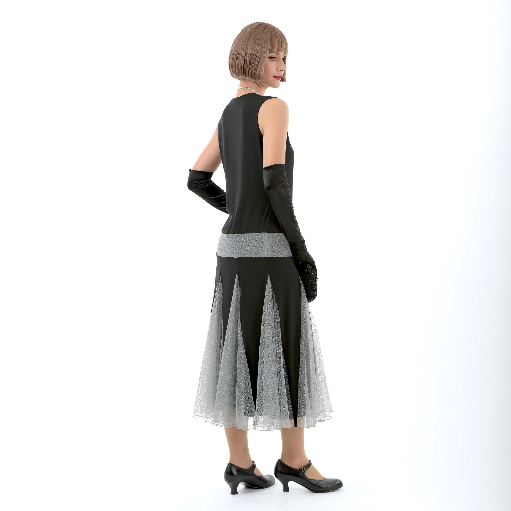 A stylish black and grey 1920s fashion chiffon and tulle dress, perfect for Great Gatsby parties