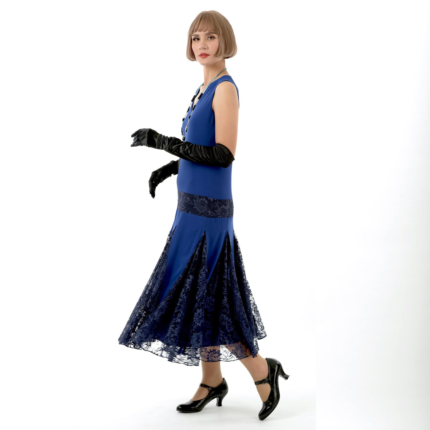 Chiffon 1920s reproduction dress with tulles in 2 shades of blue with zig zag details. The 1920s dress can be worn as a formal Great Gatsby evening dress.
