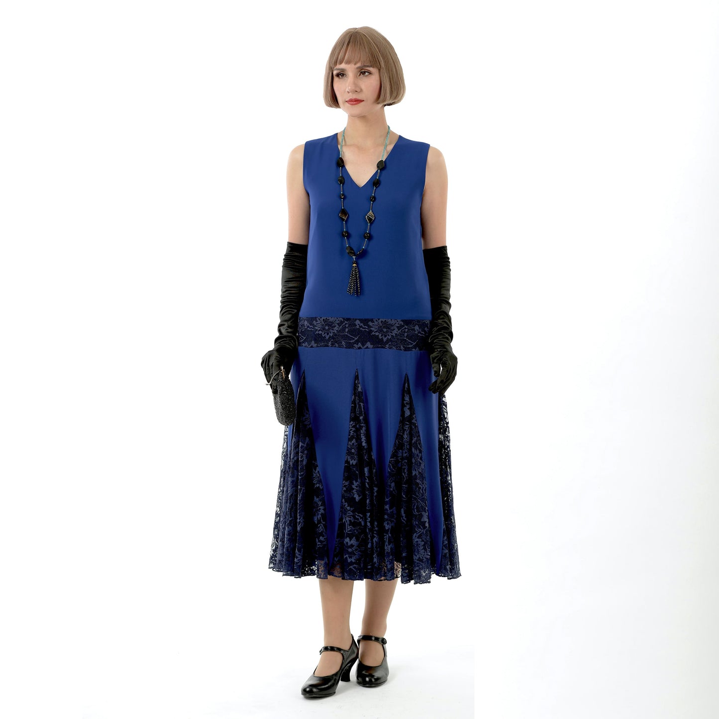 Great Gatsby dress in dark blue chiffon and black tulle skirt godets