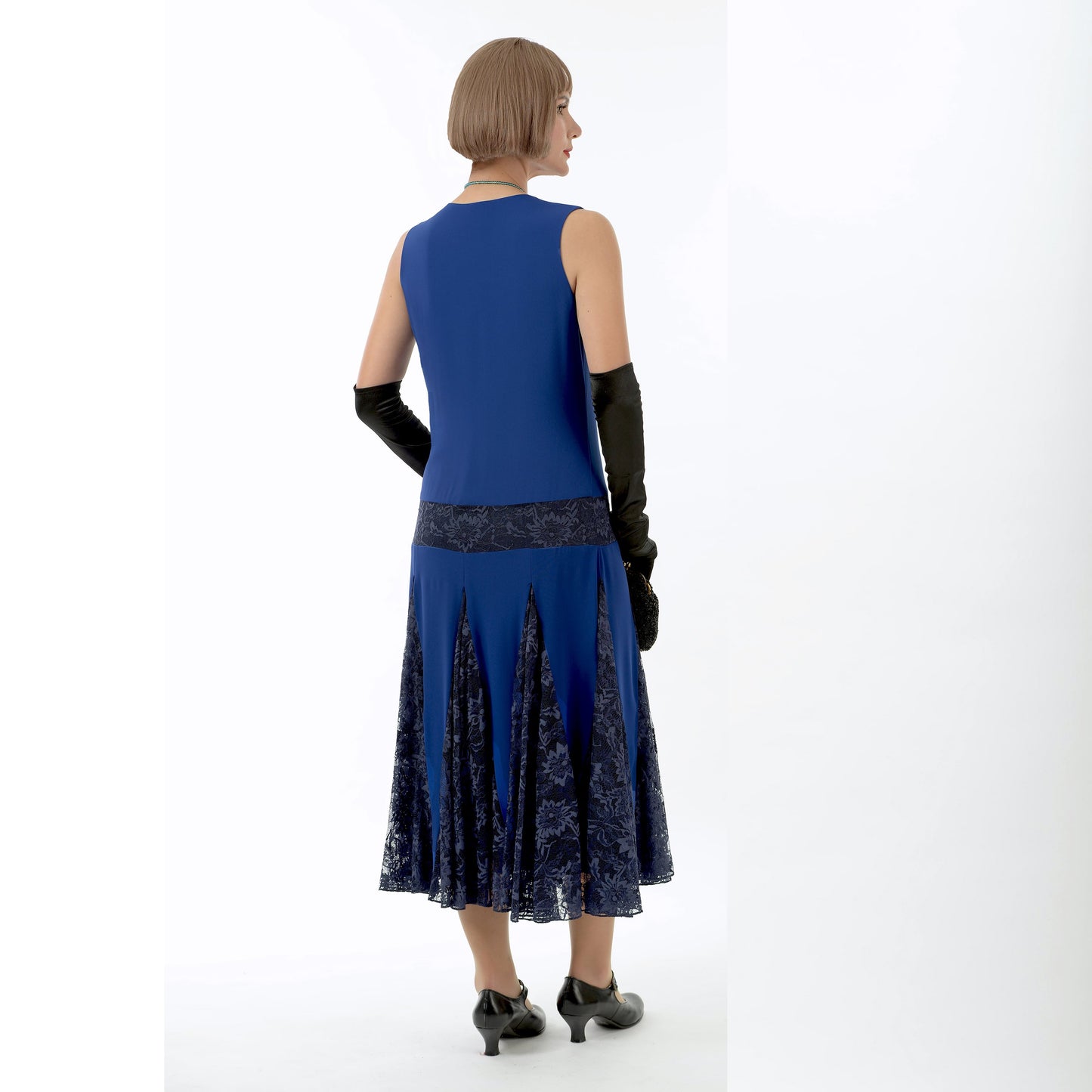 Great Gatsby dress in dark blue chiffon and black tulle skirt godets
