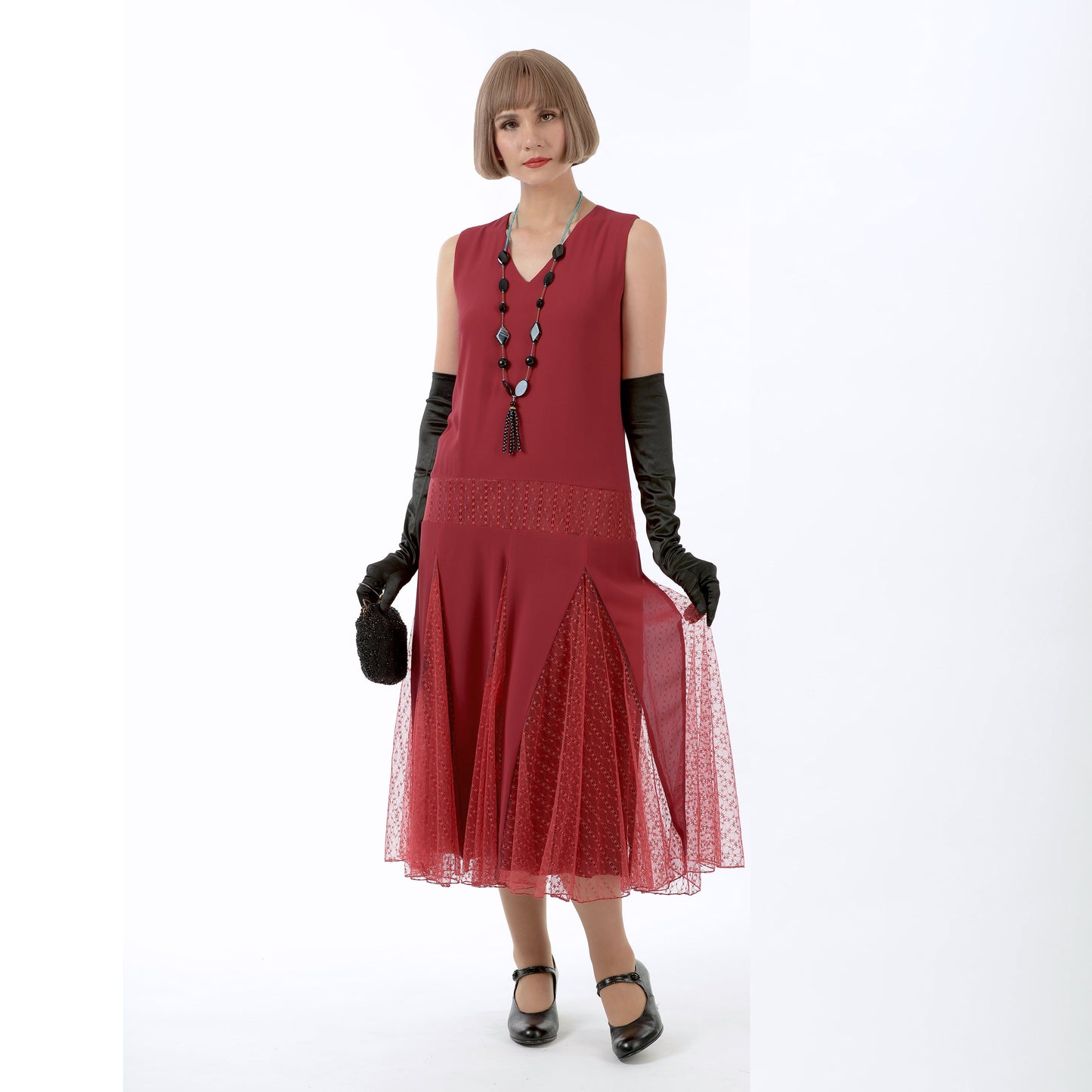 1920s fashion dress in maroon red chiffon with red tulle godets