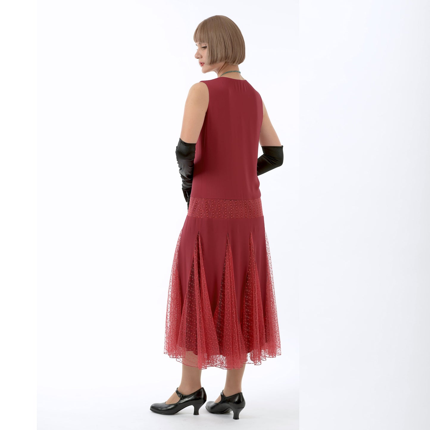 1920s fashion dress in maroon red chiffon with red tulle godets