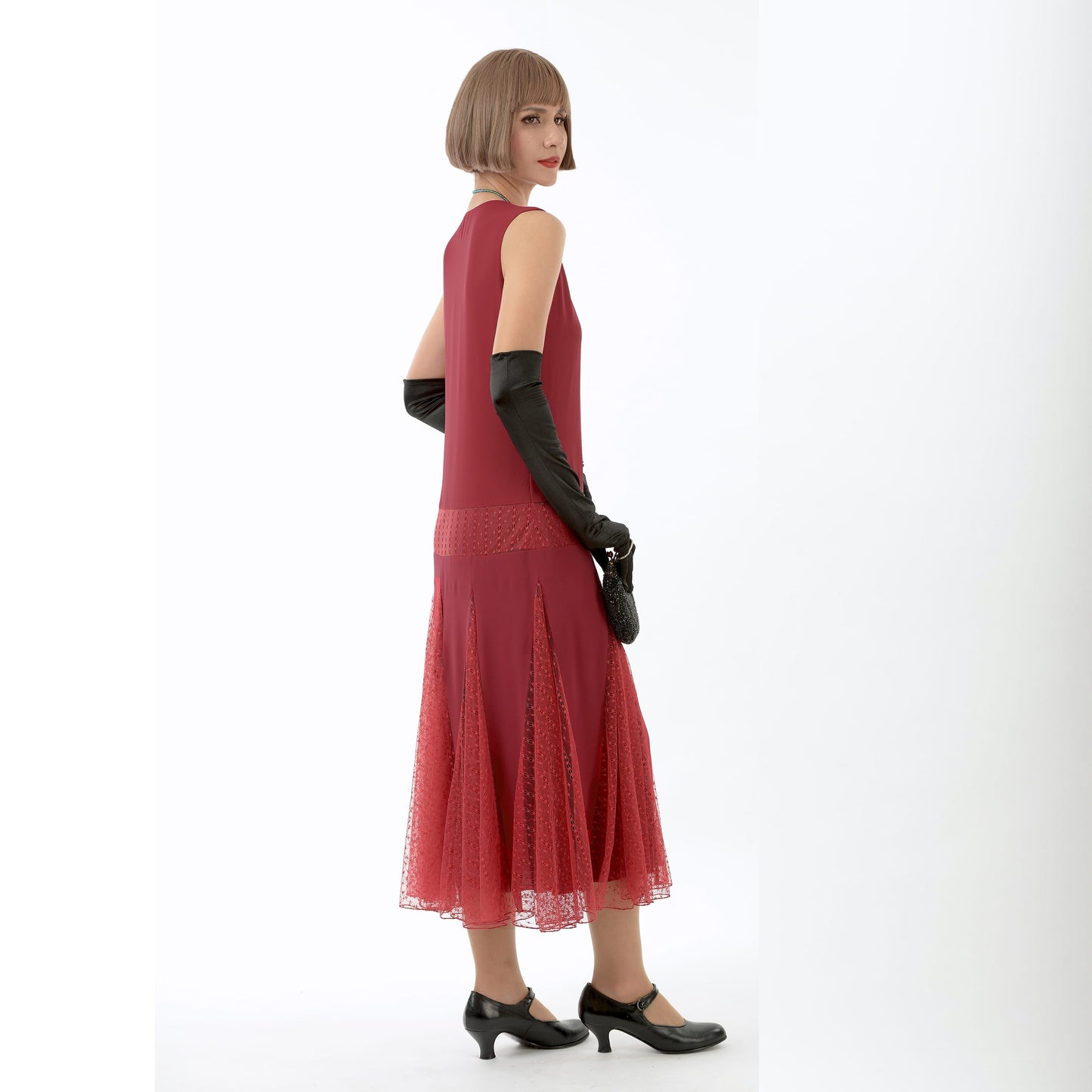 1920s fashion dress in maroon red chiffon with red tulle godets