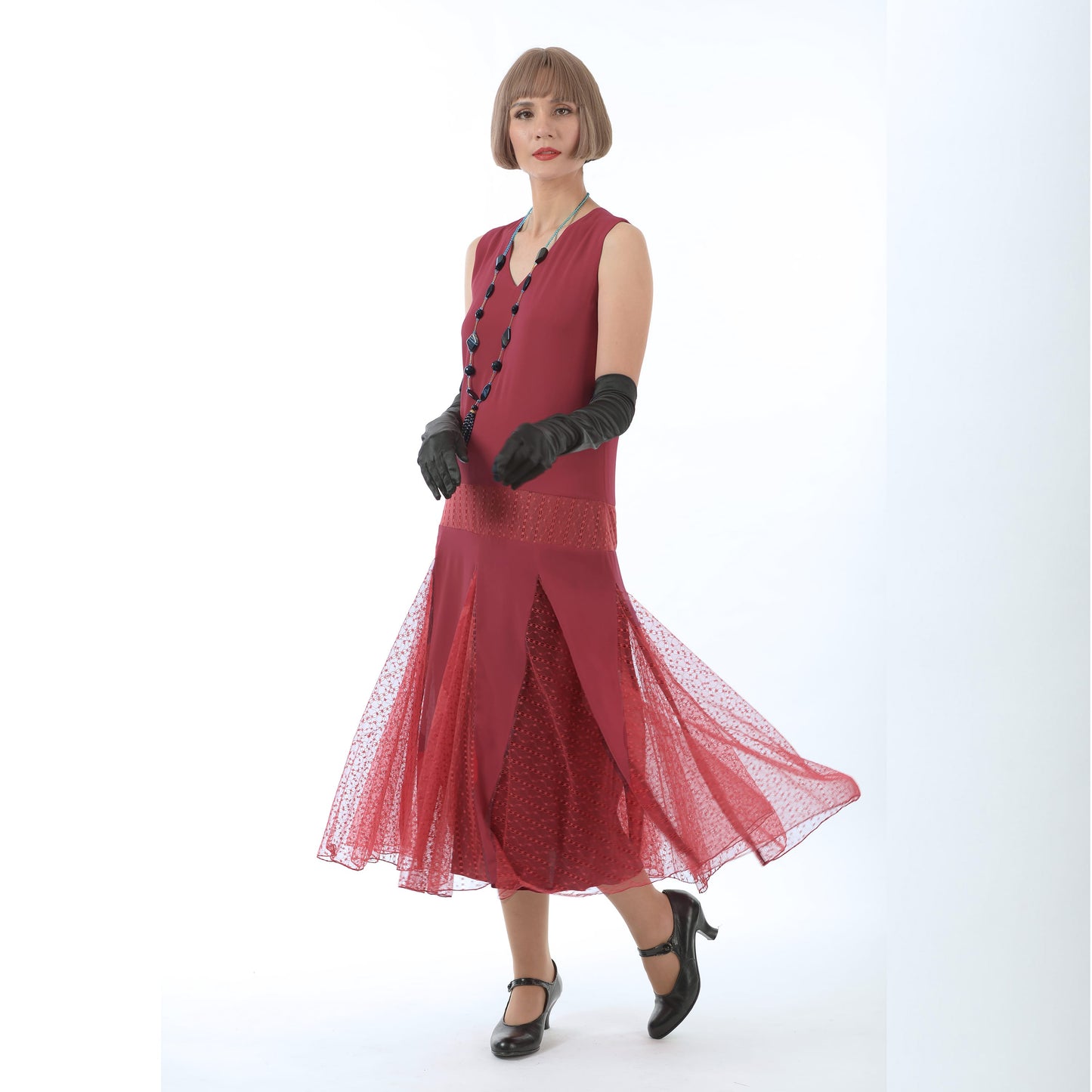 1920s fashion dress in maroon red chiffon with red tulle godets - a 1920s-inspired dress
