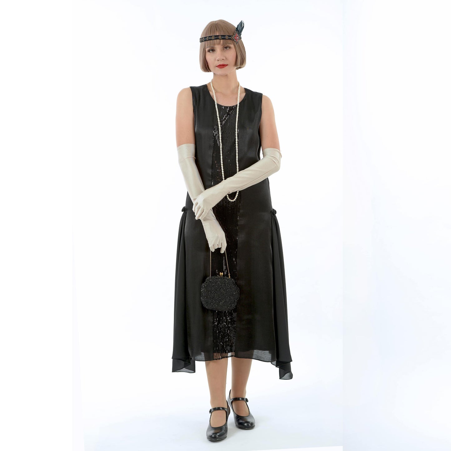 Black metallic chiffon 1920s reproduction dress with black sequined fabric. The 1920s dress can be worn as Jazz Age evening dress or Great Gatsby formal dress.