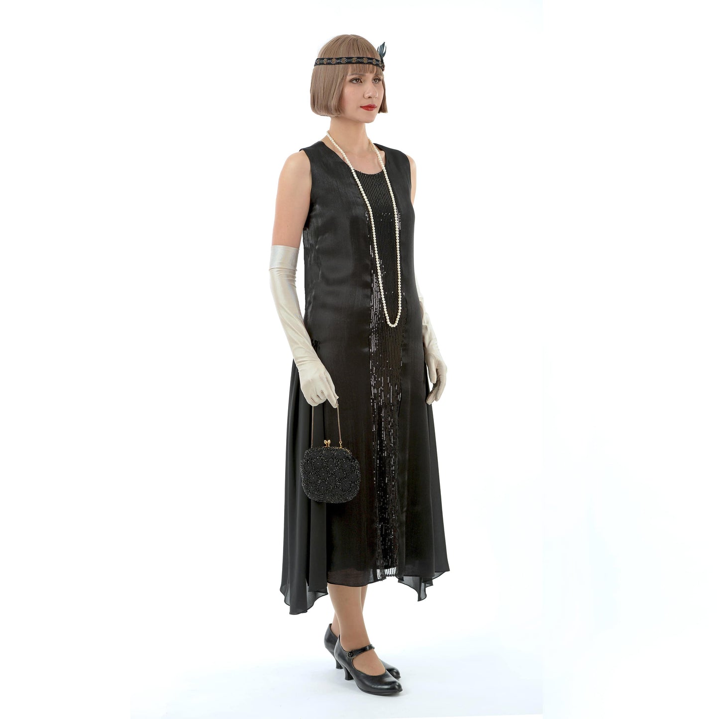 Black metallic 1920s evening dress with sequined detail