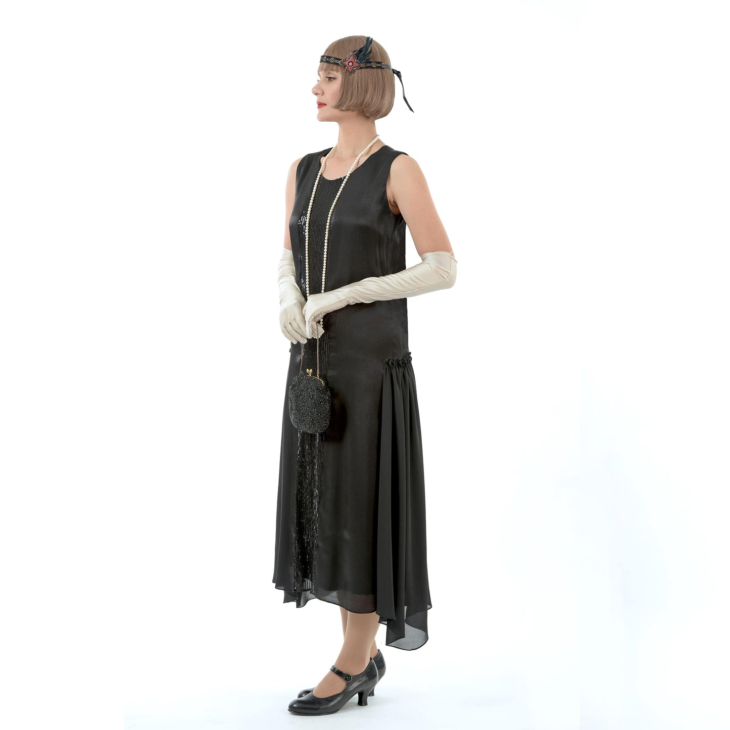 Black metallic 1920s evening dress with sequined detail
