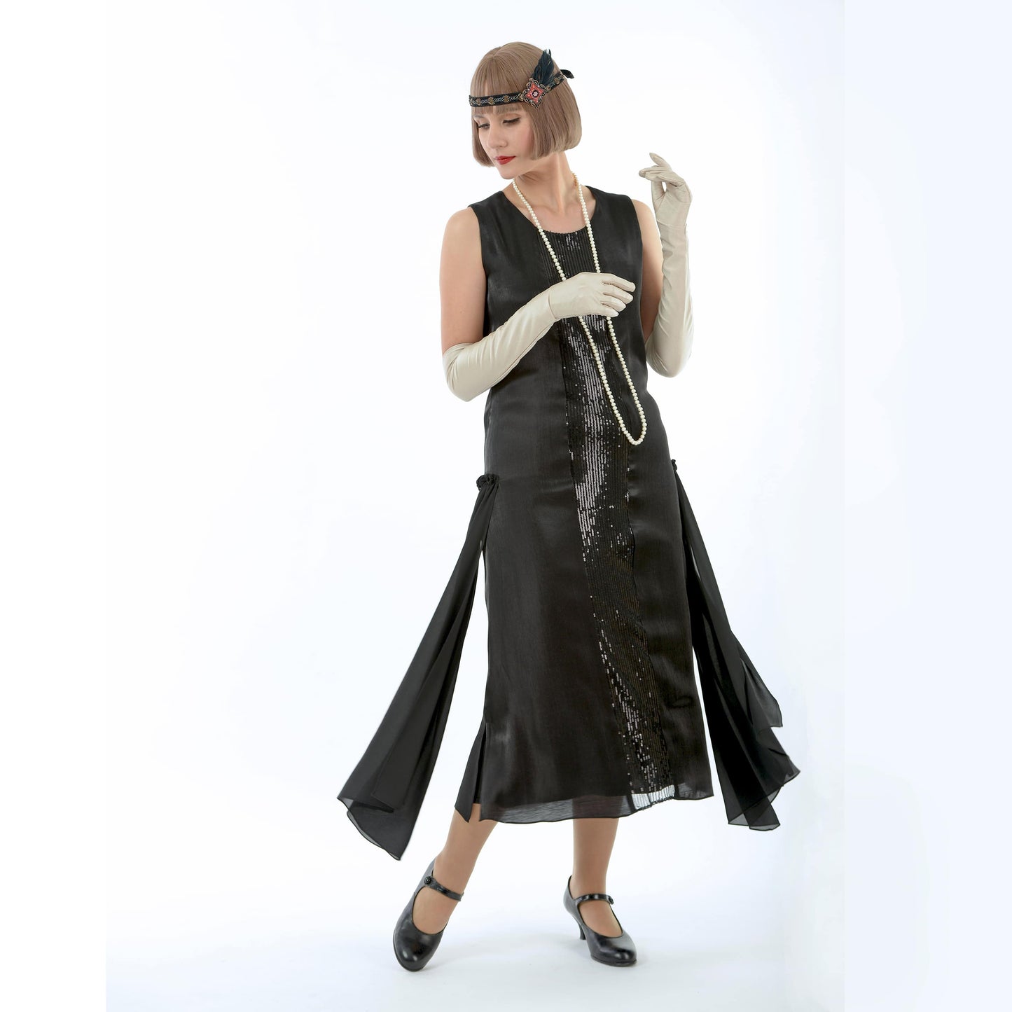 Black metallic 1920s evening dress with sequined detail