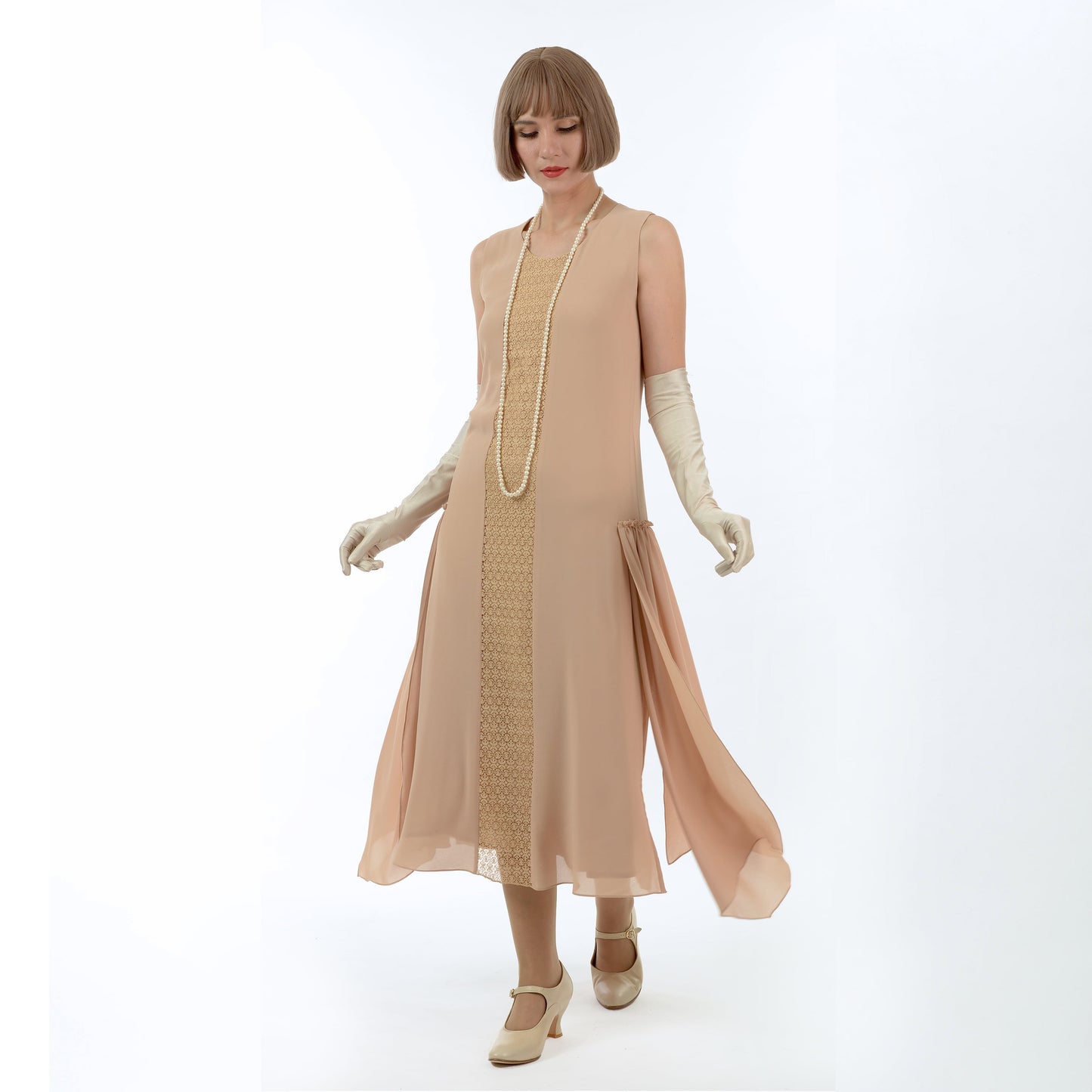 Roaring 20s formal evening dress in light brown with lace detail