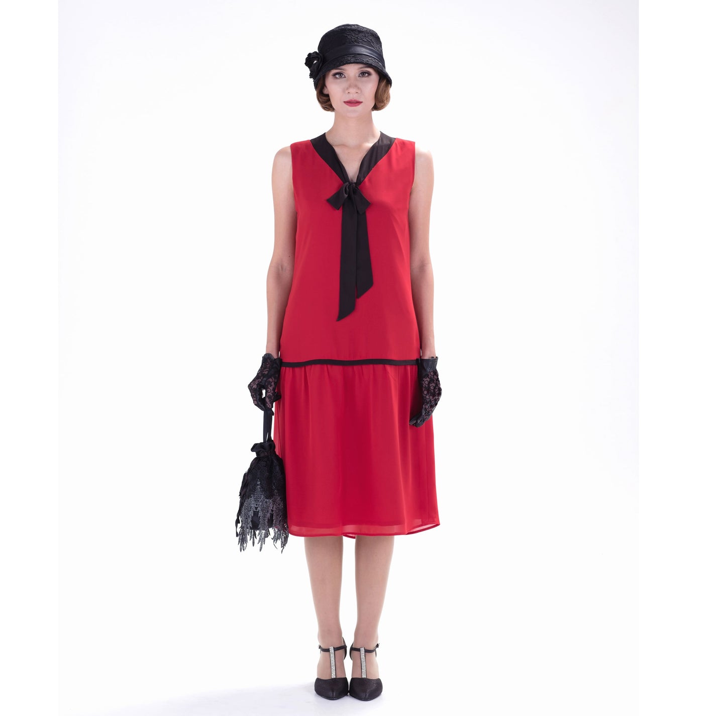 Little red chiffon flapper dress with a black bow