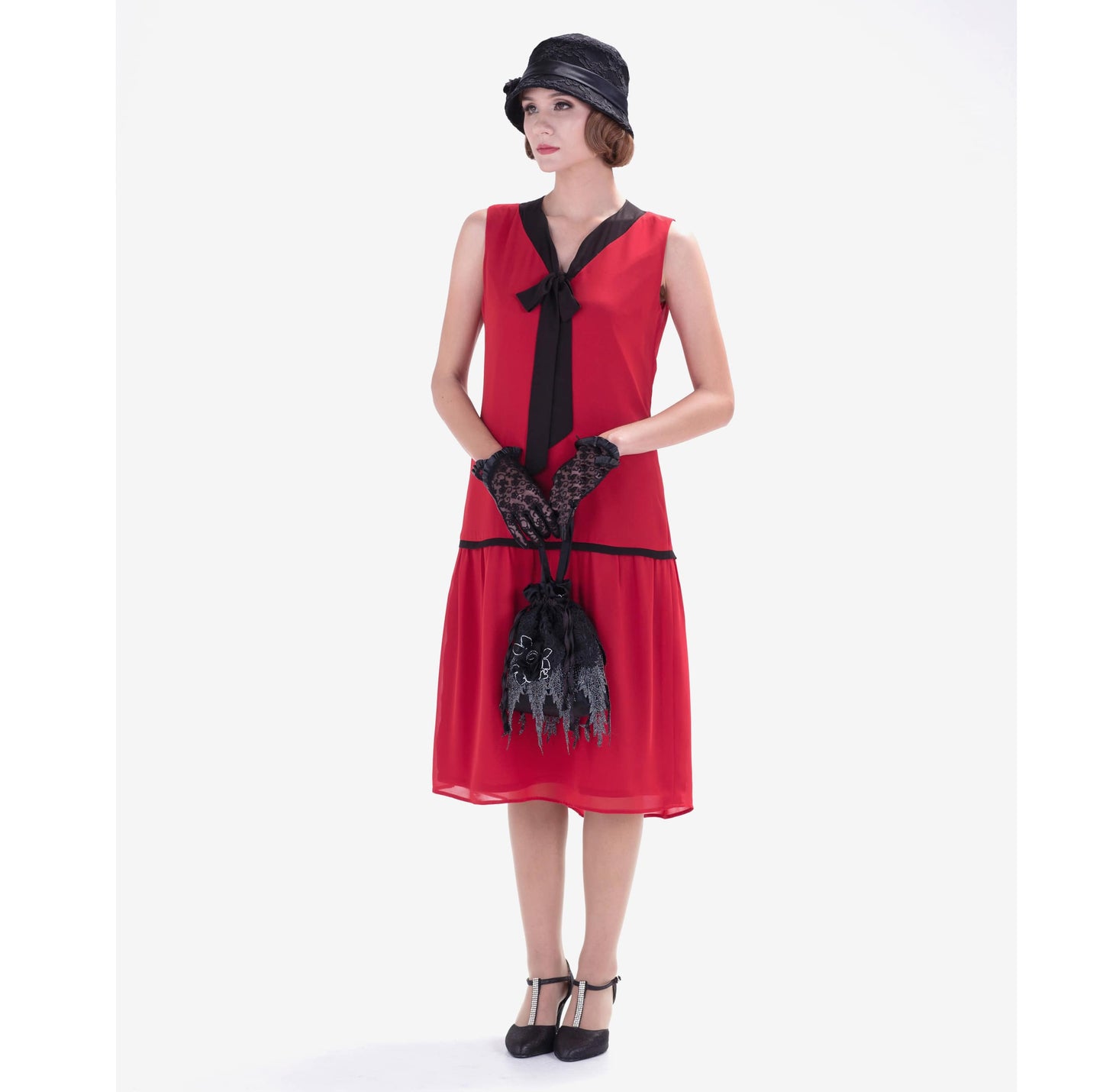 Little red chiffon flapper dress with a black bow - a vintage-inspired Roaring Twenties dress